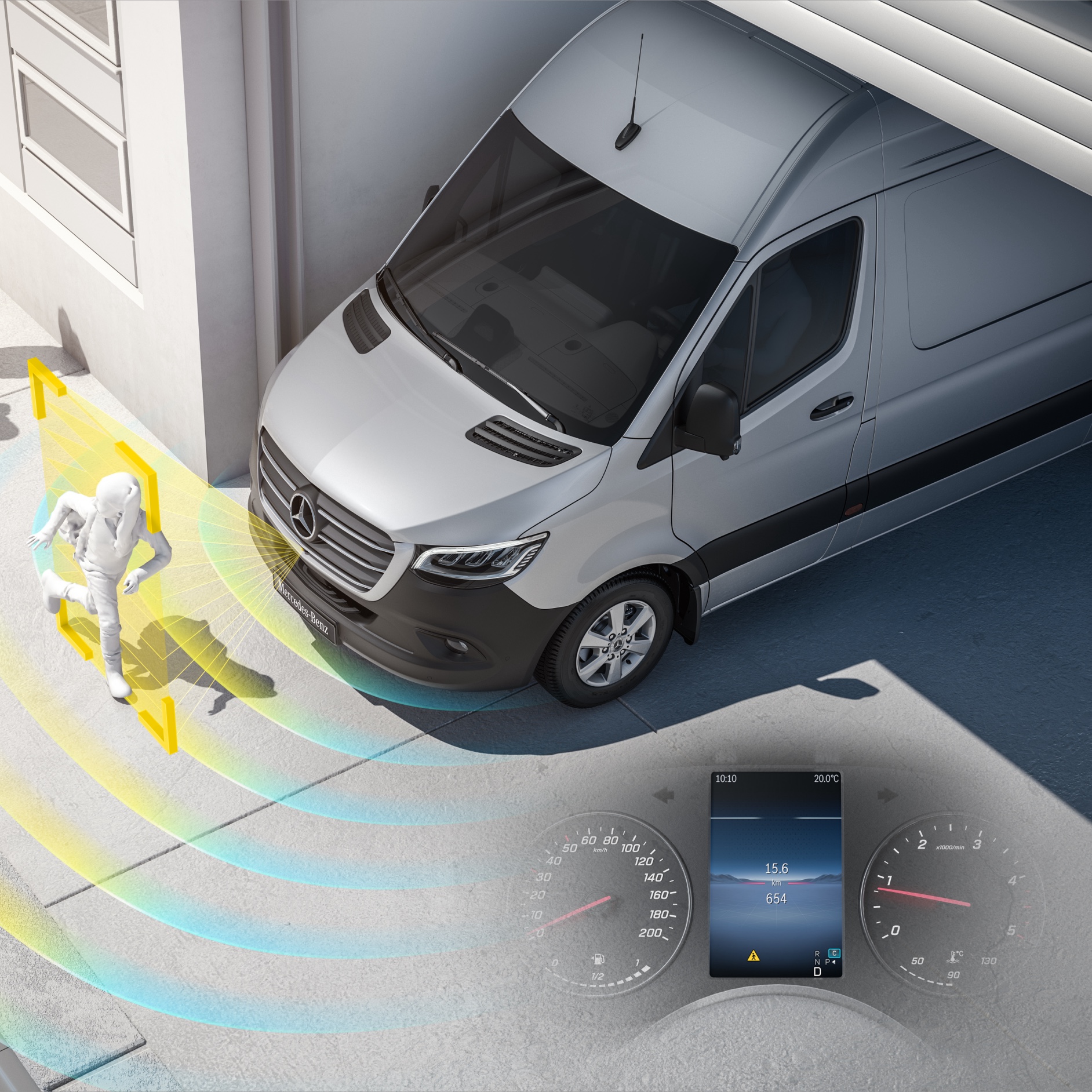Sprinter Wohn- & Reisemobile | Mercedes-Benz Mercedes‑Benz Sprinter mit aktiven Assistenzsystemen, die Fußgänger in der Nähe erkennen und so die Sicherheit erhöhen.
