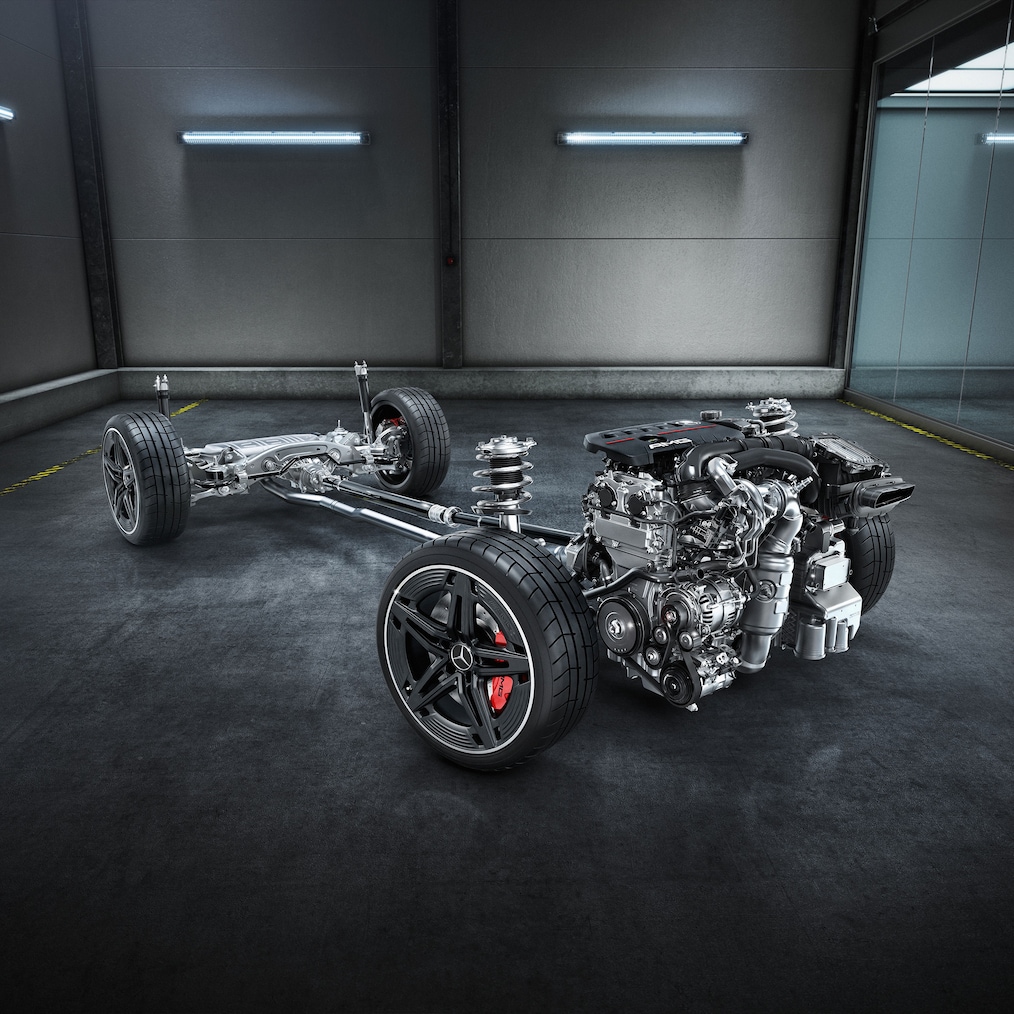 Das Fahrwerk mit Antriebsstrang des Mercedes-AMG CLA 45 S 4MATIC+ Shooting Brake.