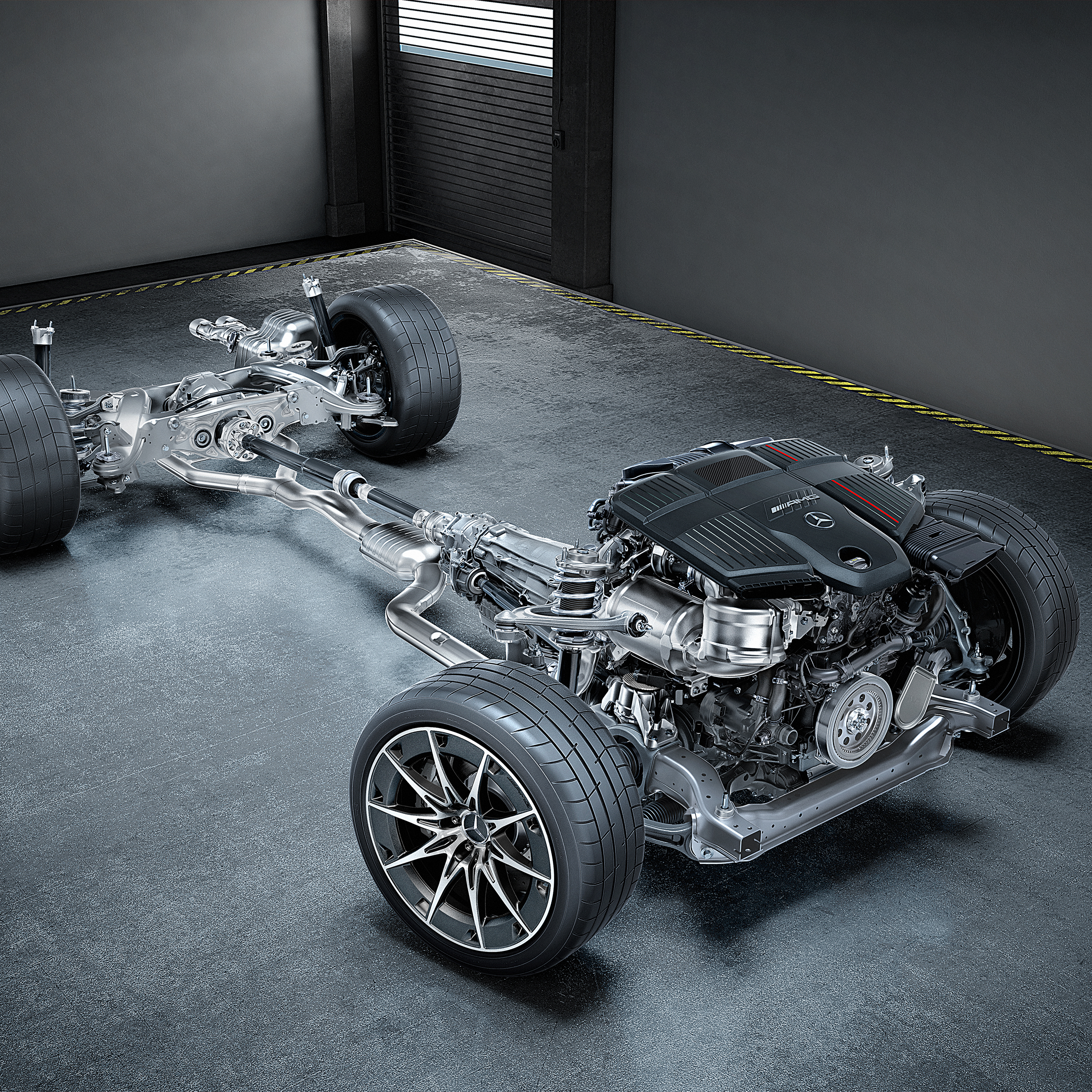 Blick auf den Antriebsstrang mit 3,0-Liter-Reihen-6-Zylinder-Motor und AMG Performance 4MATIC+.