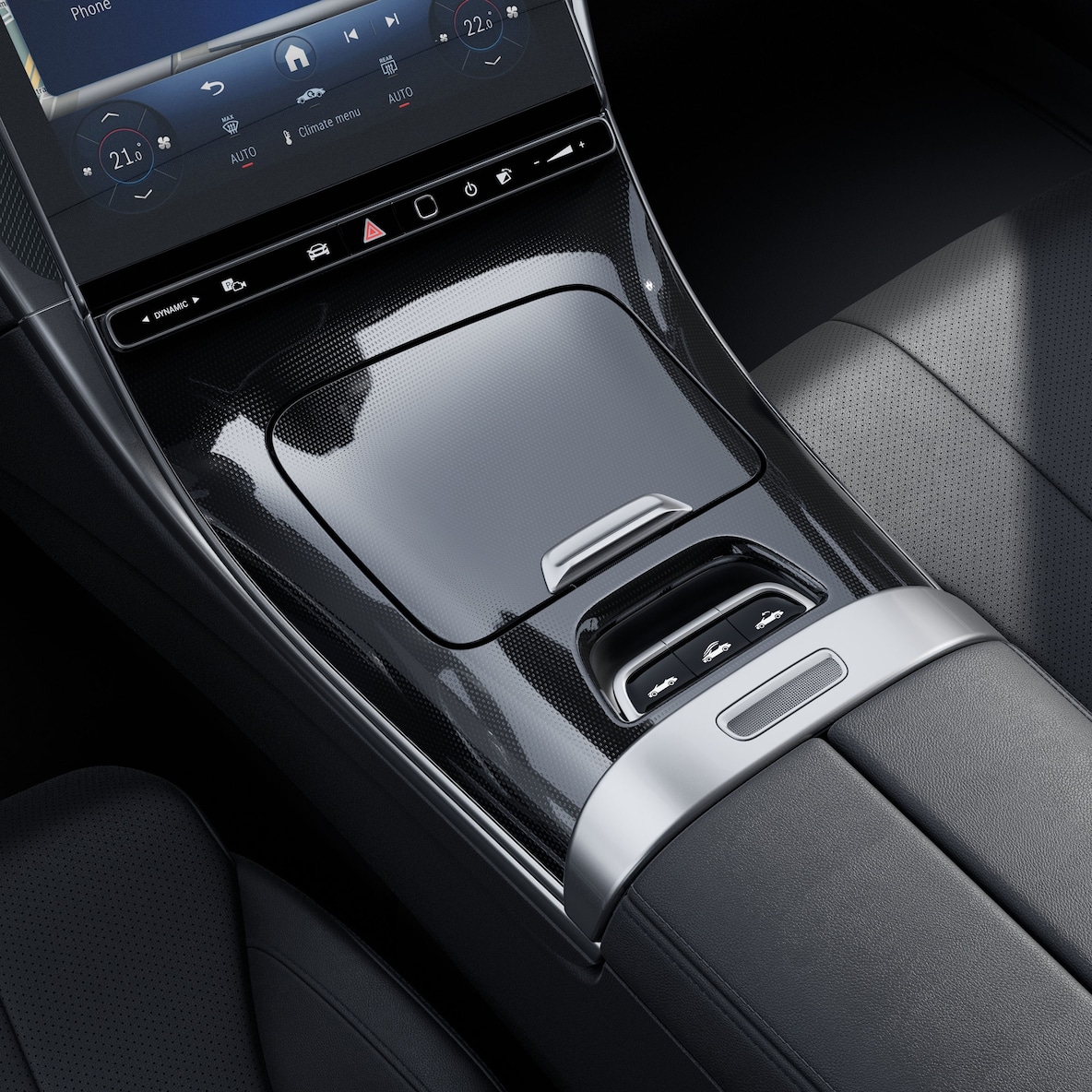 Die Mittelkonsole in schwarzer Feinstruktur-Optik im Mercedes-Benz CLE Cabriolet.