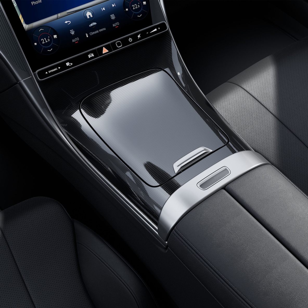 Die Mittelkonsole in schwarzer Feinstrukturoptik im Mercedes-Benz CLE Coupé.