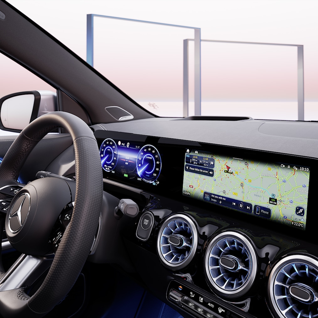 Anzeige der Navigationsfunktionen auf dem Fahrzeugdisplay.