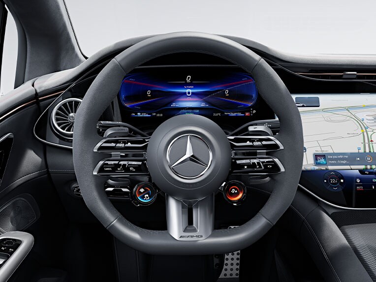 Das AMG Performance Lenkrad in Leder Nappa/Mikrofaser MICROCUT für die Mercedes-AMG EQE Limousine.