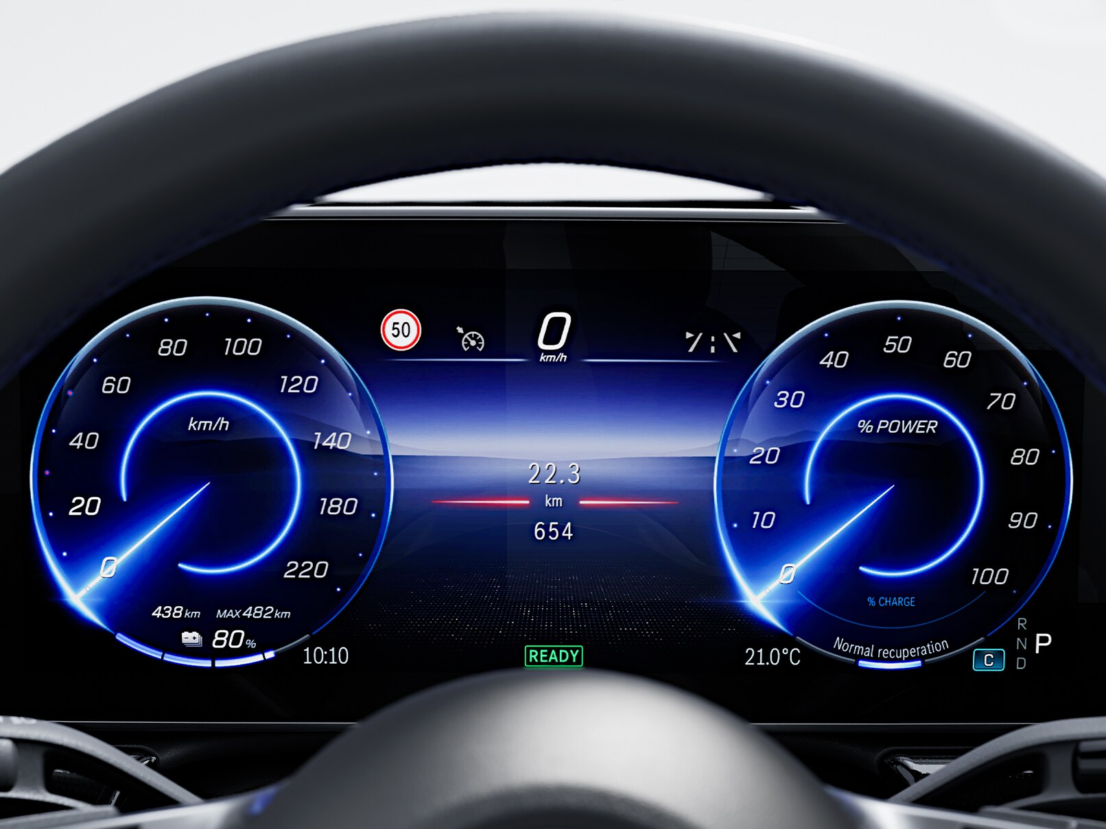 Die Reichweitenüberwachung im EQE SUV von Mercedes-Benz als Anzeige im Display (Bildausschnitt).