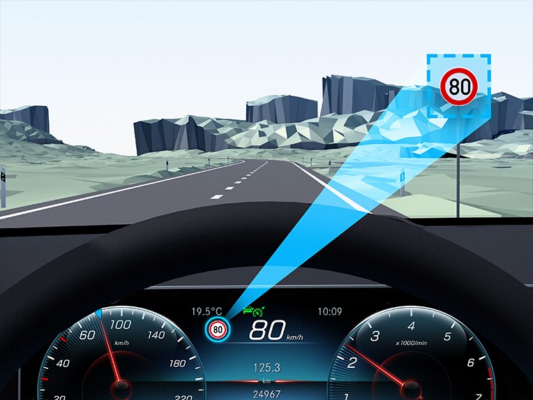 Eine grafische Darstellung des Verkehrszeichen-Assistenten im EQE SUV von Mercedes-Benz.