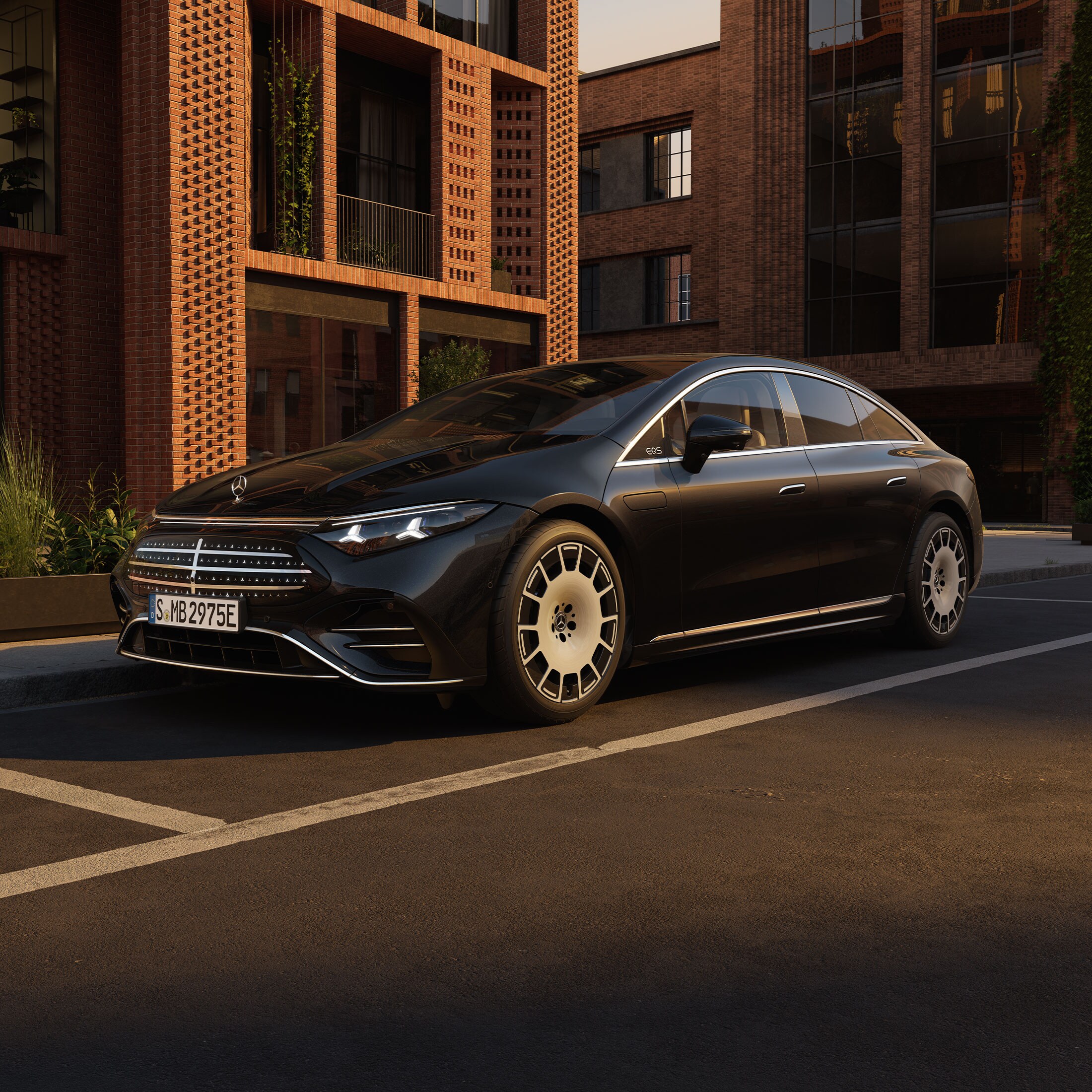 Die EQS Limousine stehend auf einer Straße.