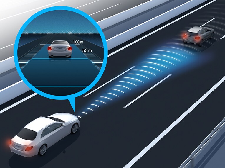 Eine grafische Darstellung des Aktiven Abstands-Assistenten DISTRONIC der EQS Limousine von Mercedes-Benz.