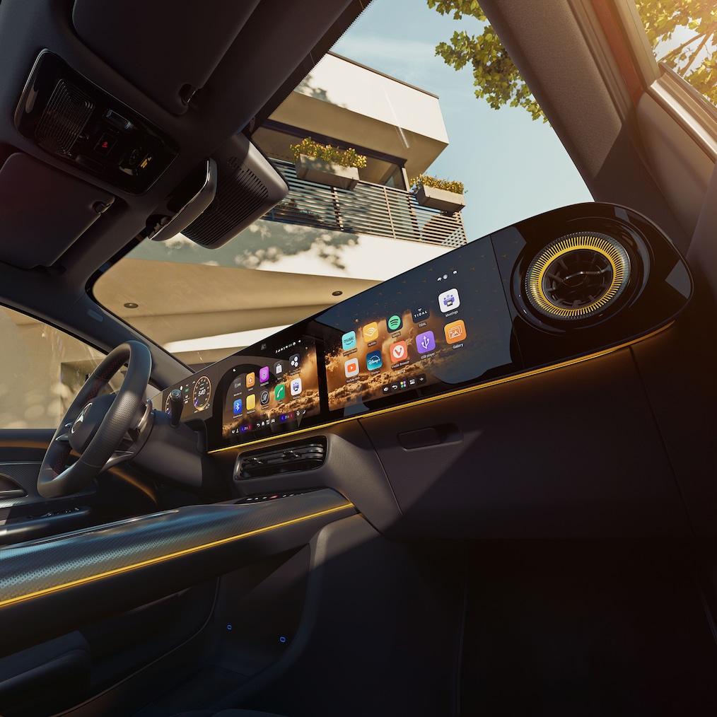 Der MBUX Superscreen im Fahrerraum des neuen elektrischen Mercedes-Benz GLA.