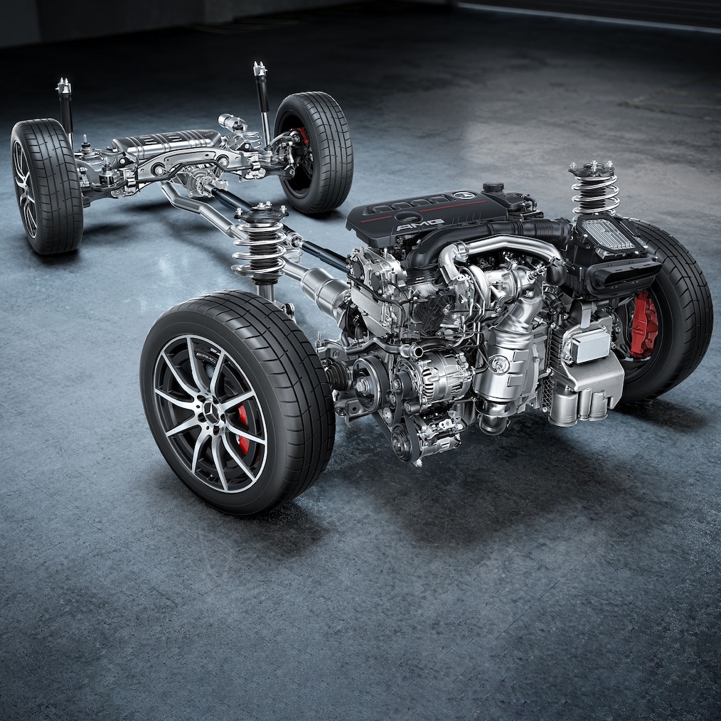 Das Fahrwerk mit Antriebsstrang des Mercedes-AMG GLA 35 4MATIC.