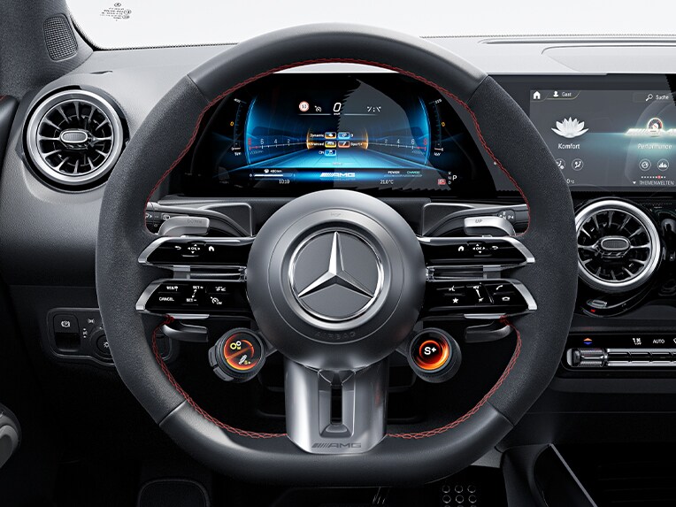 Das AMG Performance Lenkrad in Leder Nappa / Mikrofaser MICROCUT im Mercedes-AMG GLB.