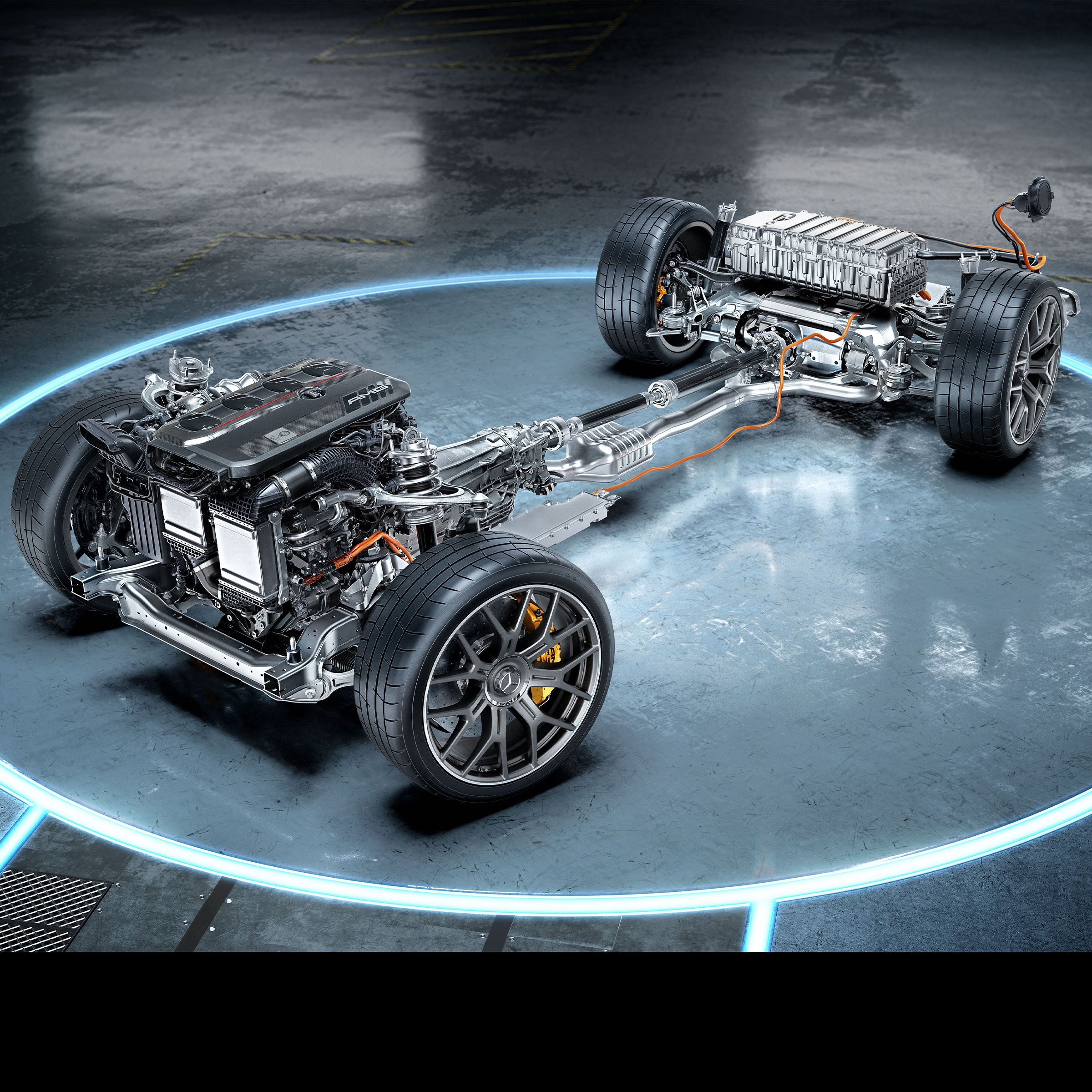 Der Triebstrang des Mercedes-AMG GLC 63 S E PERFORMANCE Coupés.