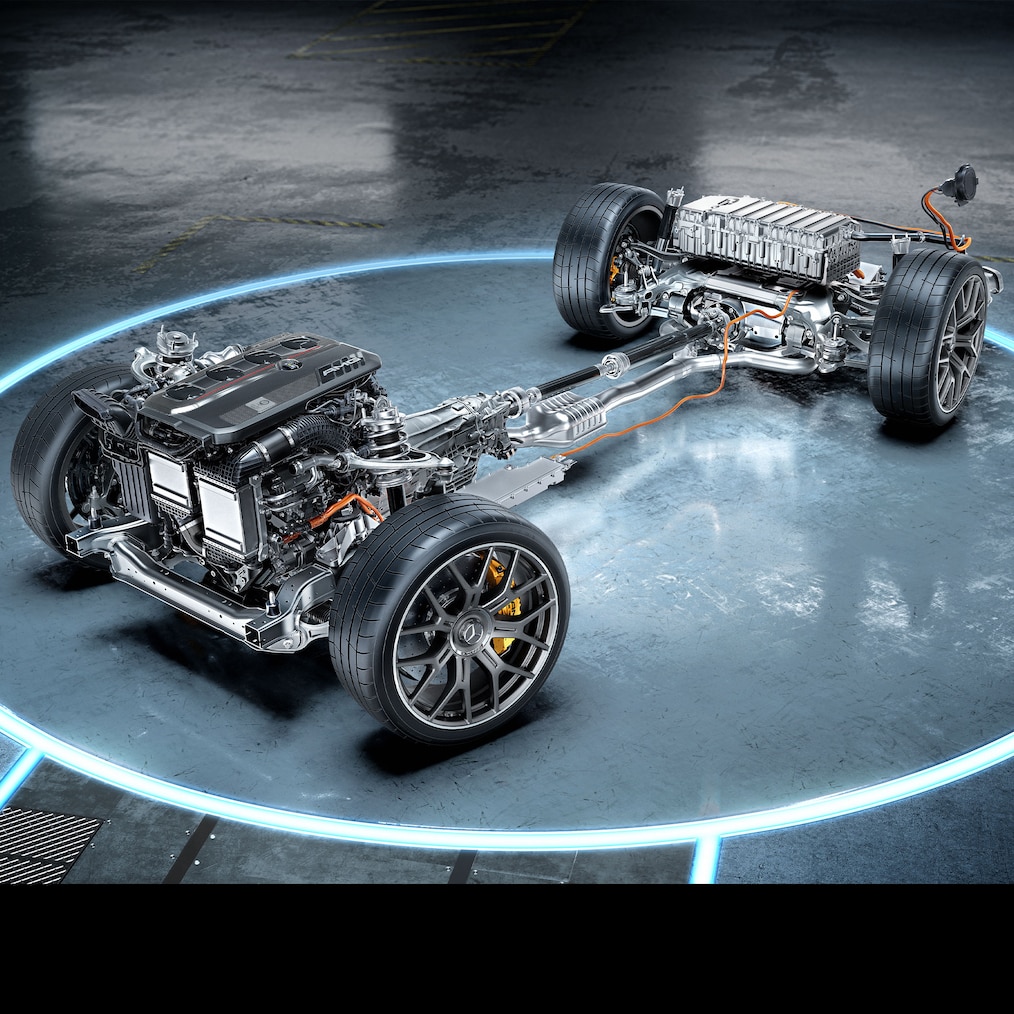 Der Triebstrang des Mercedes-AMG GLC 63 S E PERFORMANCE Coupés.