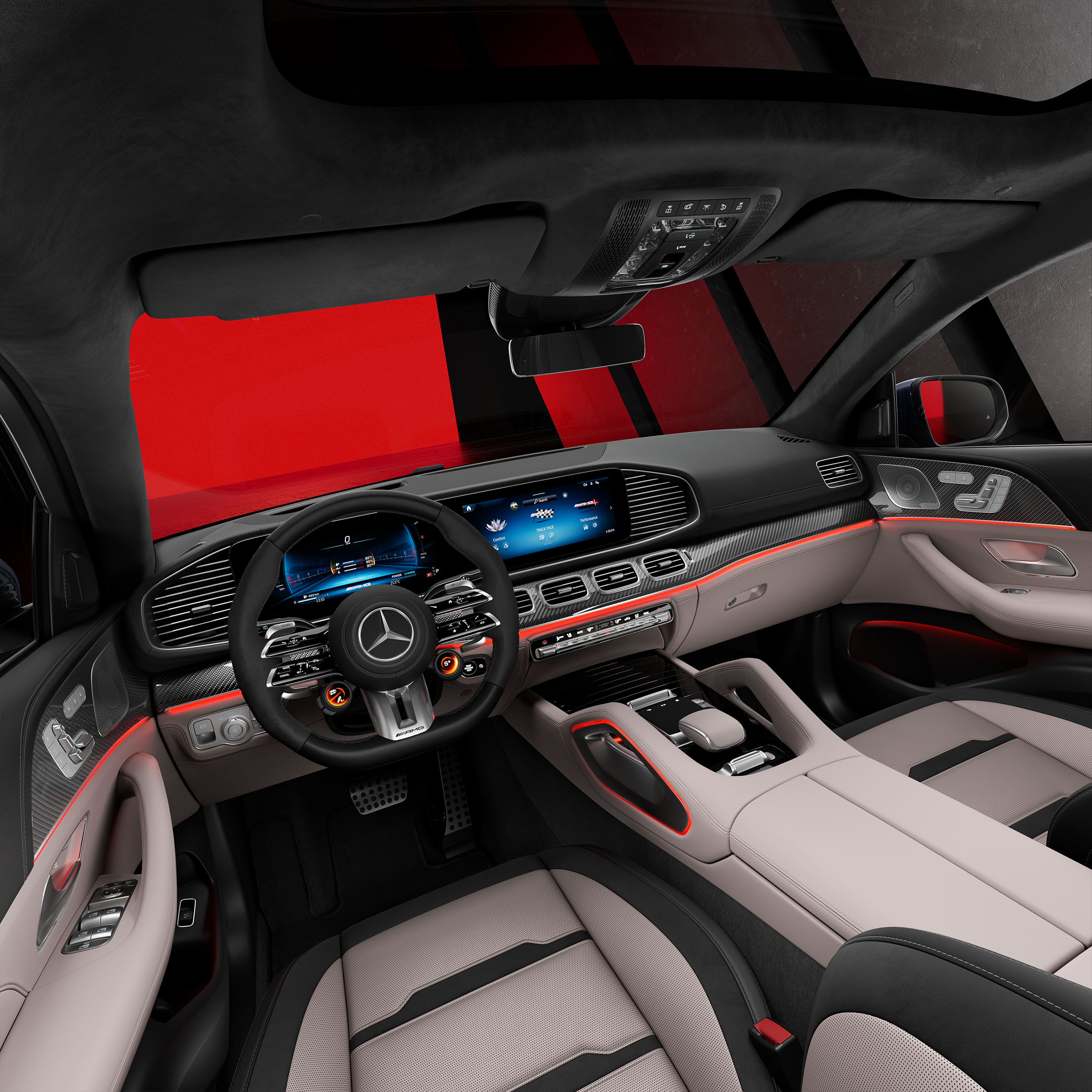 Seitenansicht der Vordersitze und des Cockpits eines Mercedes-AMG GLE Coupés.