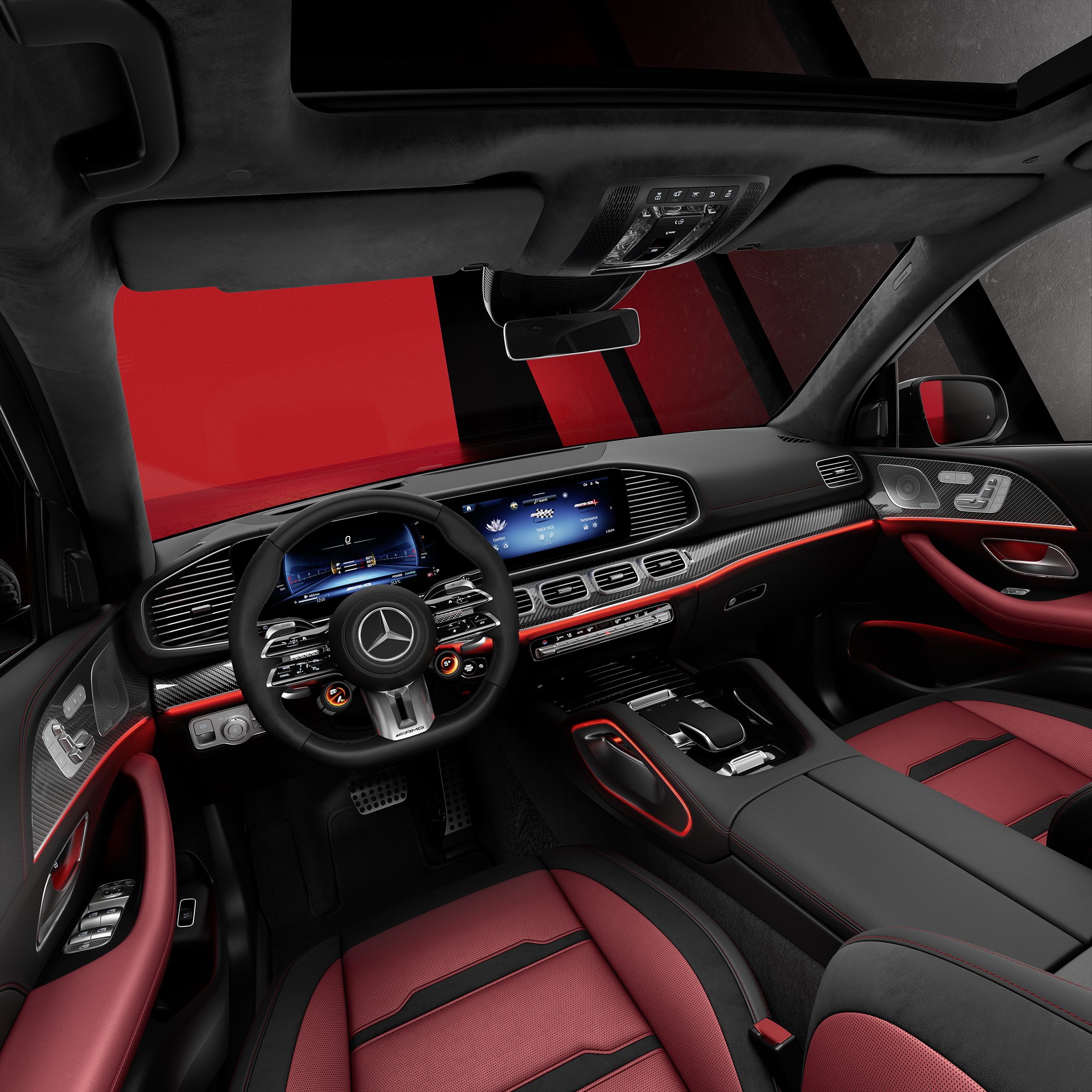 Die Vordersitze und das Cockpit eines Mercedes-AMG GLE SUV in der Seitenansicht.