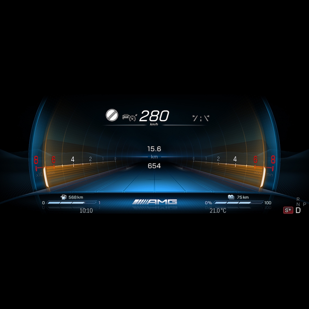 Grafik, die das AMG Driver's Package des neuen Mercedes-AMG GLS 63 auf einem Display zeigt.