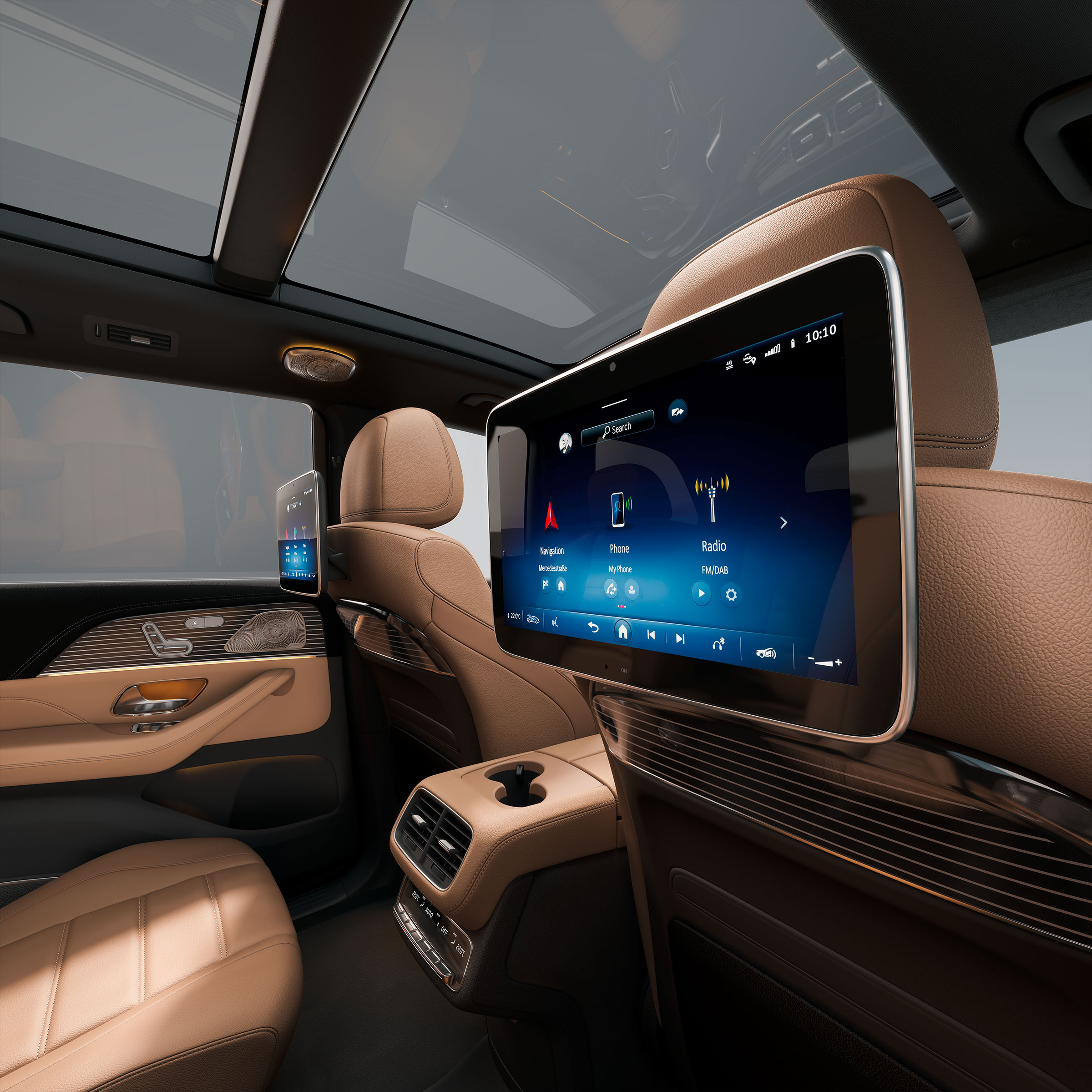 MBUX High-End Fond-Entertainment im Fahrzeuginnenraum des neuen GLS.
