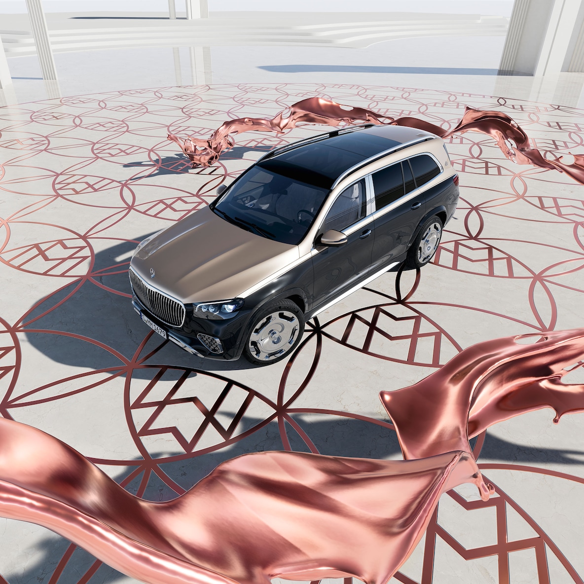 Frontale Seitenansicht des Mercedes-Maybach GLS 600 aus der Vogelperspektive.