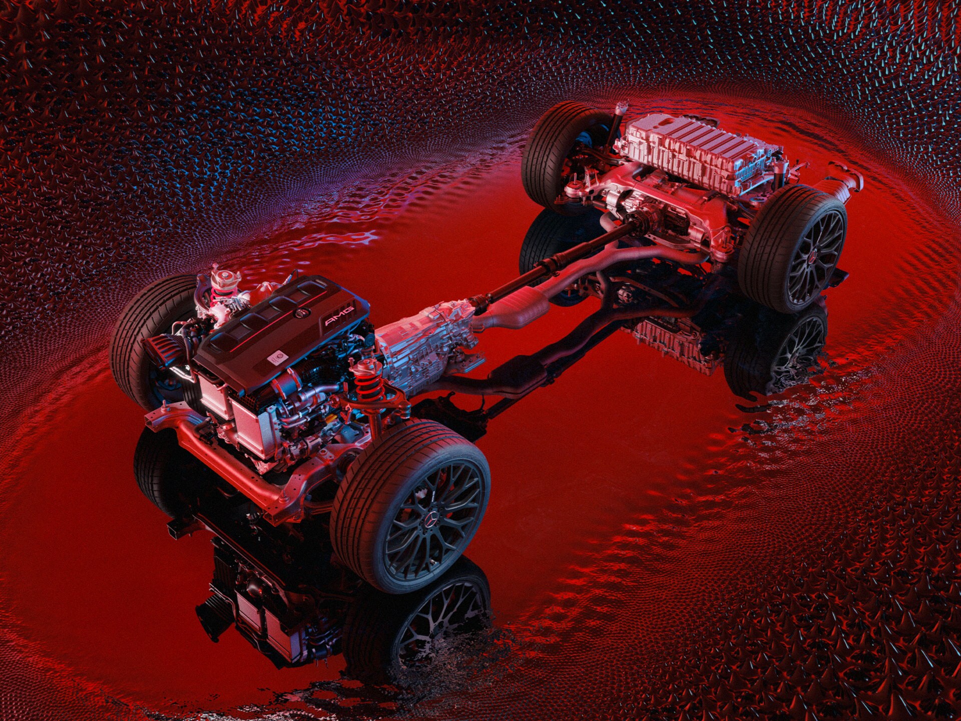 Eine technische Illustration der Hybridarchitektur von Mercedes-AMG rötlich angestrahlt..