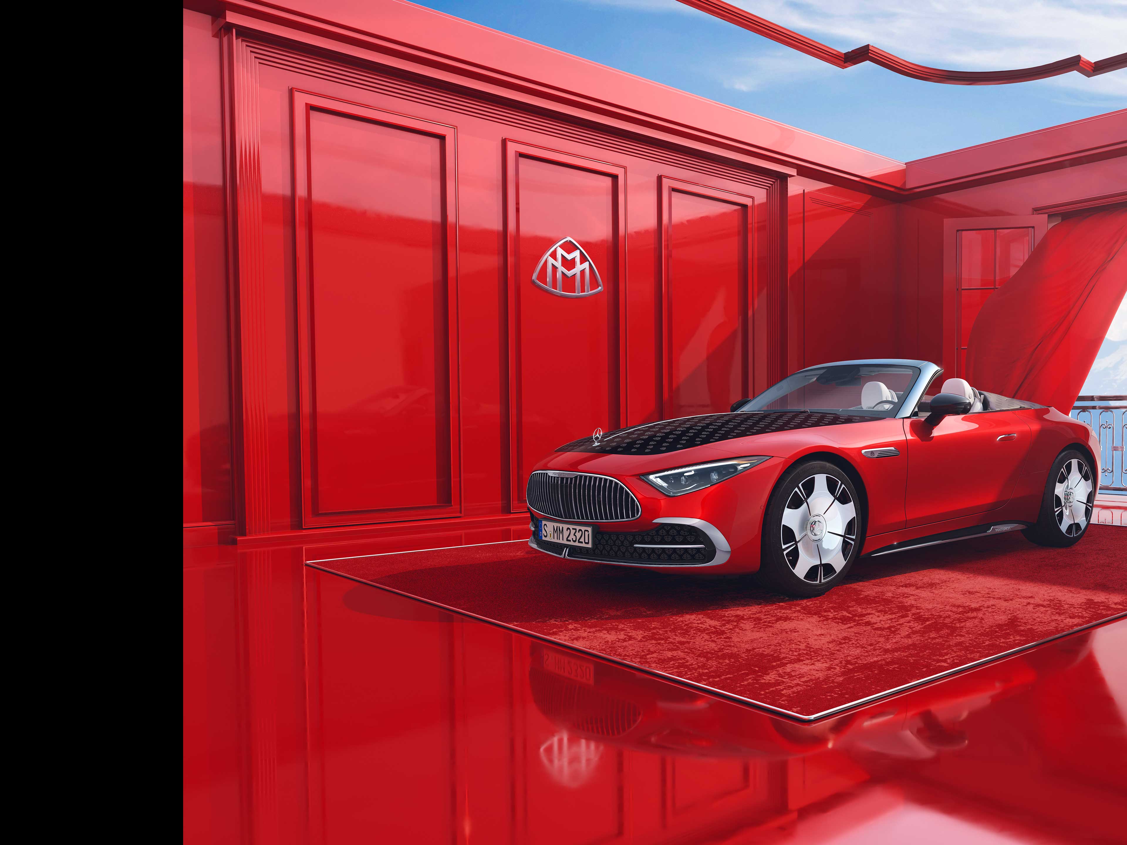 Marke | Mercedes-Maybach Seitenansicht eines roten Mercedes-Maybach SL 680 Monogram Series vor rotem Grund.