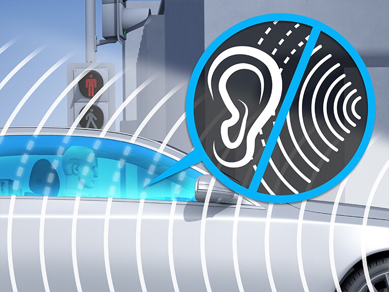 Eine Illustration der Funktionen des Akustik-Komfort-Pakets des Mercedes-Maybach EQS SUV.