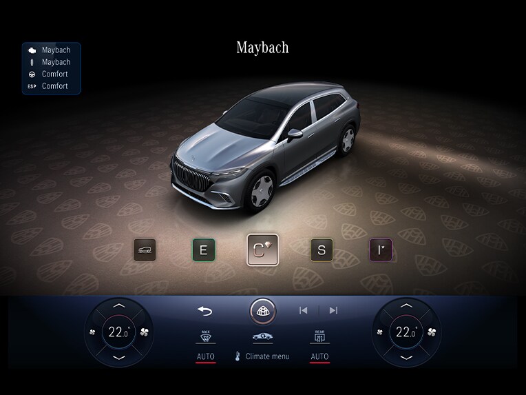 Das Zentral-Display im Innenraum des Mercedes-Maybach EQS SUV zeigt das MAYBACH Fahrprogramm.