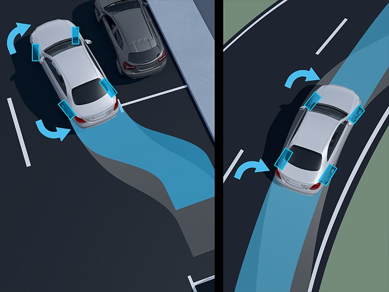 Eine Illustration der Funktionen der Hinterachslenkung des Mercedes-Maybach EQS SUV.