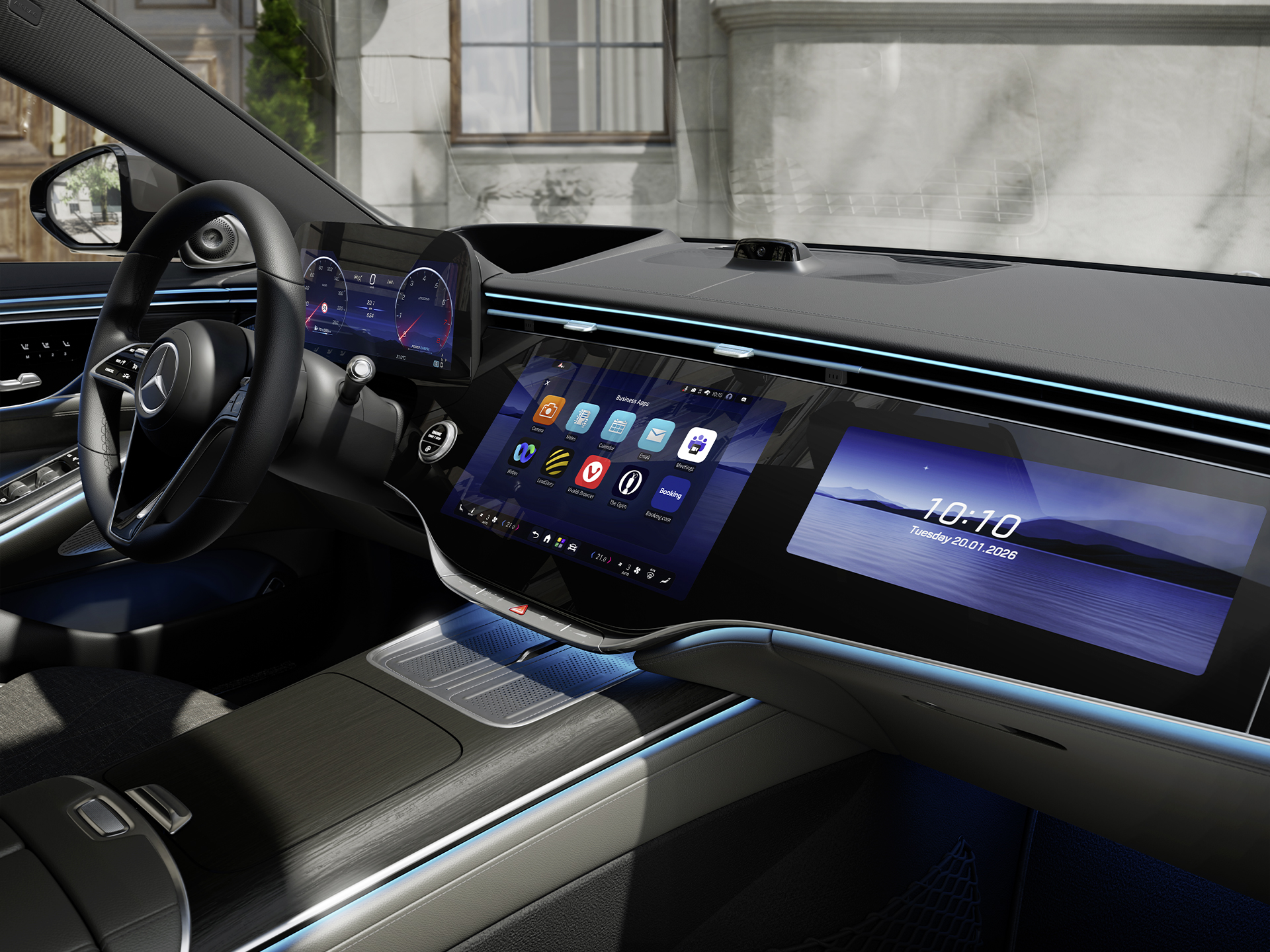 MB.OS | S-Klasse Limousine | Mercedes-Benz Der MBUX Superscreen im Cockpit der neuen Mercedes-Benz S-Klasse Limousine mit MB.OS von Mercedes-Benz.