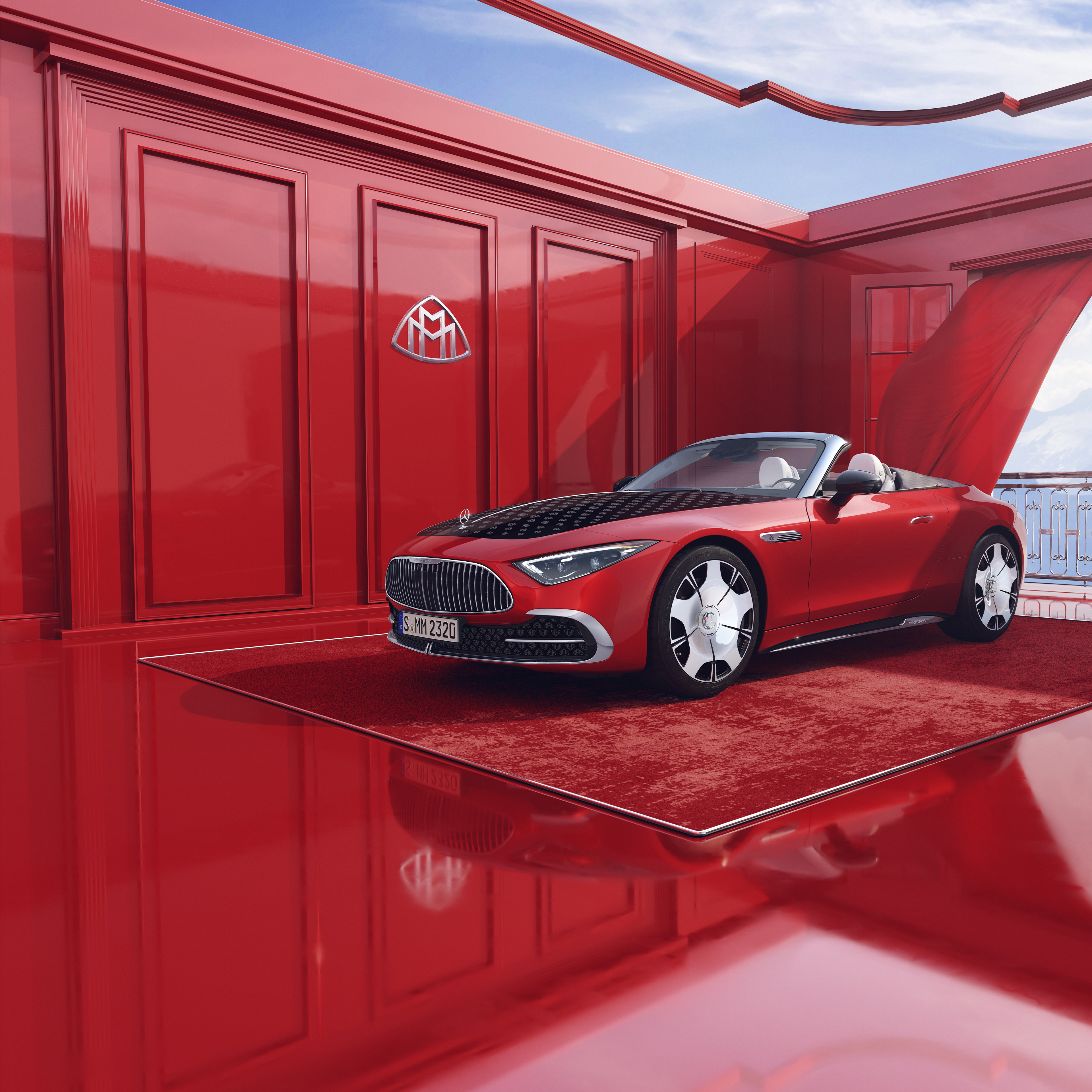 Mercedes-Maybach SL 680 Monogramm Serie in Rot auf rotem Hintergrund.