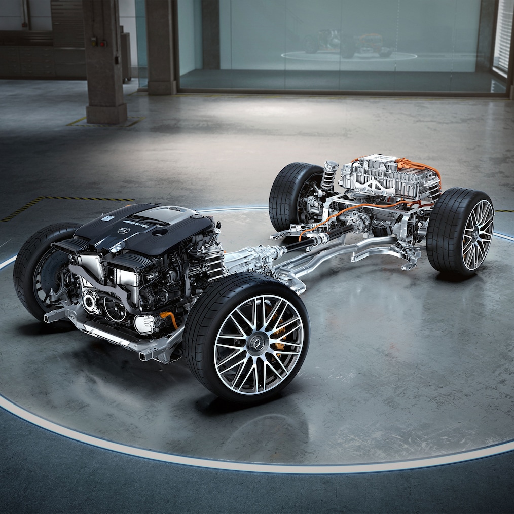 Der Hybrid-Antriebsstrang des Mercedes-AMG SL 63 S E PERFORMANCE.