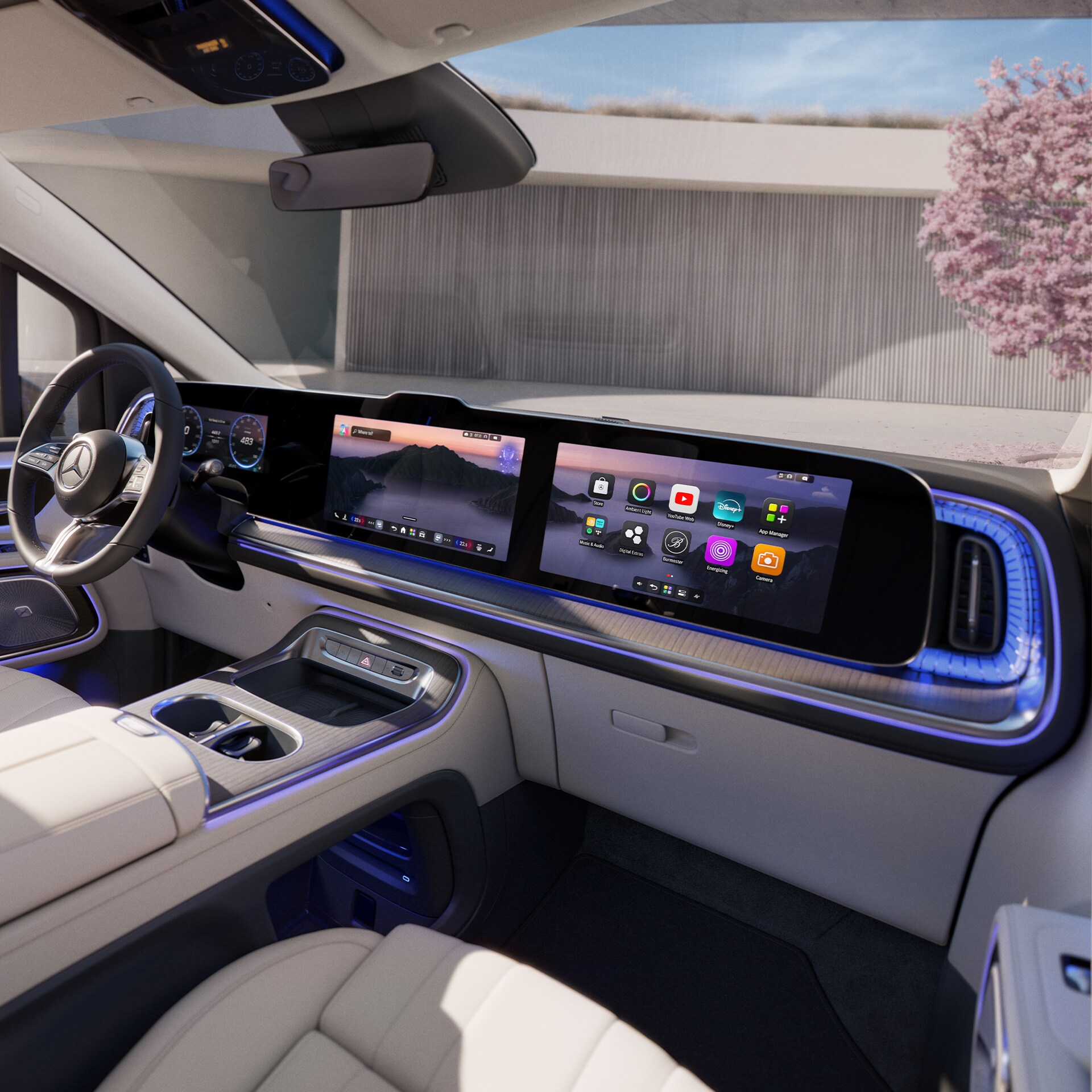 Das stilvolle, von Möbeln inspirierte Cockpit mit drei Displays im neuen VLE von Mercedes-Benz.