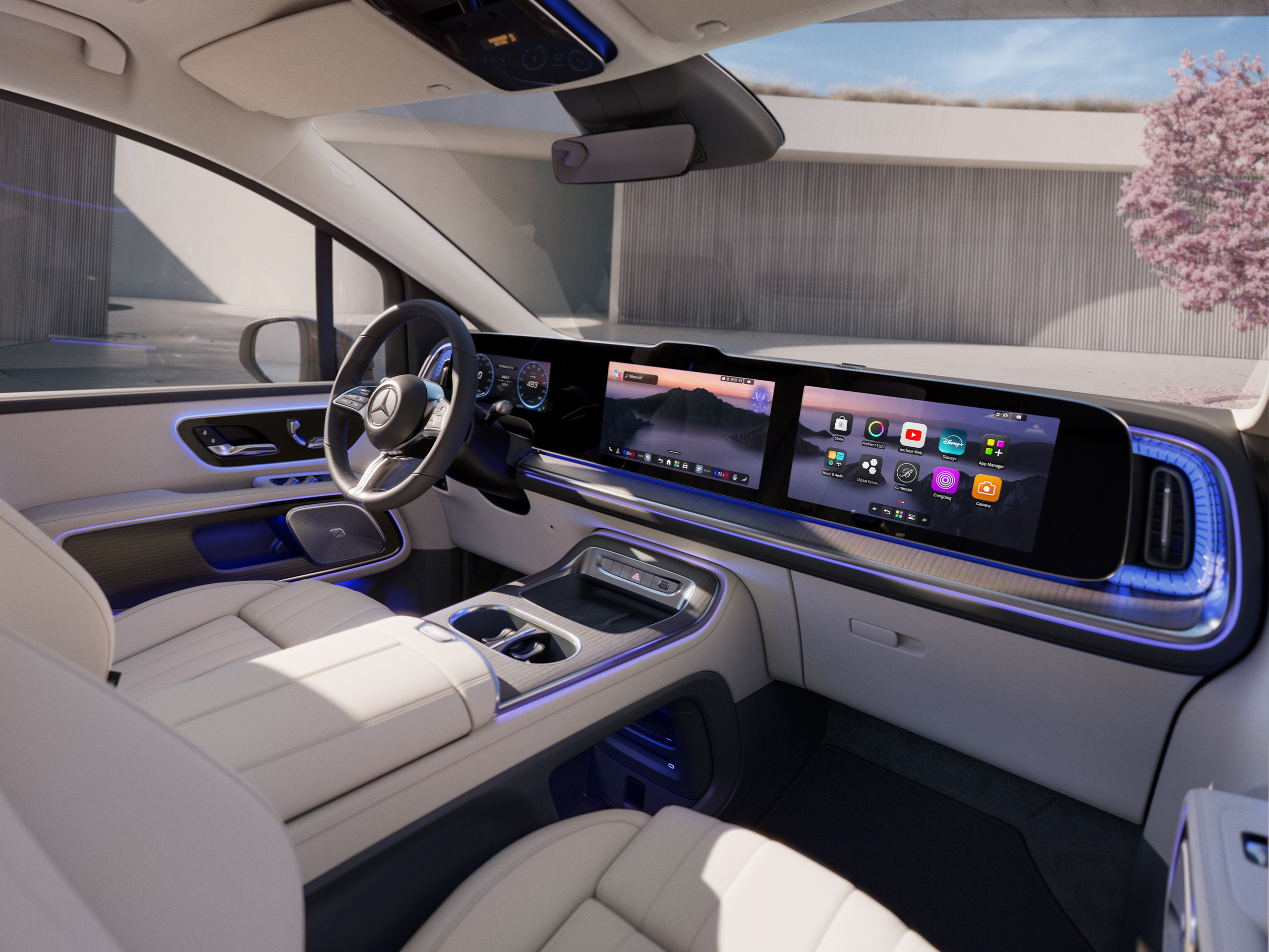 VLE | Mercedes-Benz Das stilvolle, von Möbeln inspirierte Cockpit mit drei Displays im neuen VLE von Mercedes-Benz.
