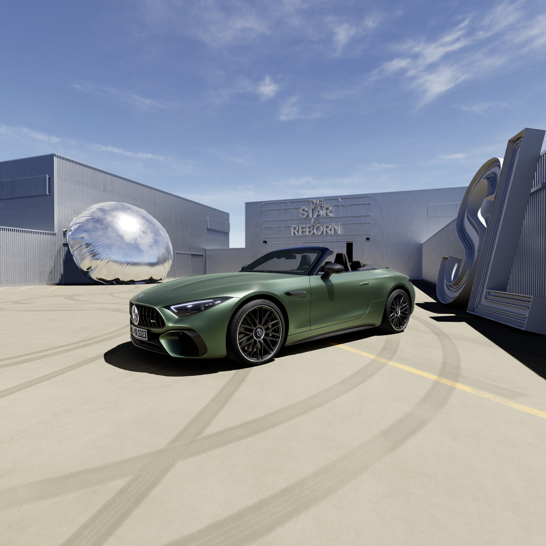 Grüner SL 63 S E Perfomance in industrieller Umgebung.