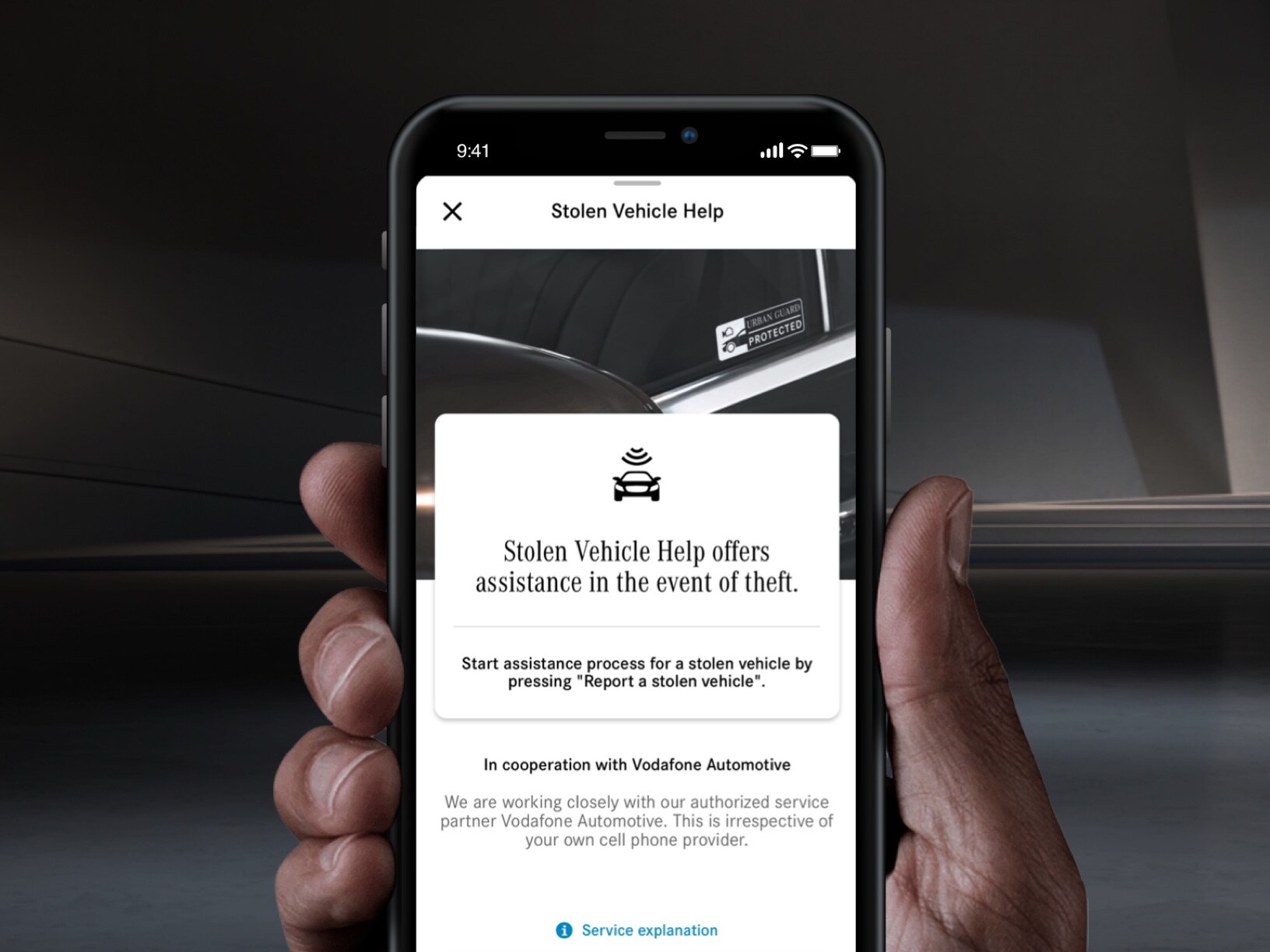 Auf einem Smartphone wird per Digitalem Extra zum Thema GUARD 360° Hilfe bei Fahrzeugdiebstahl angeboten.