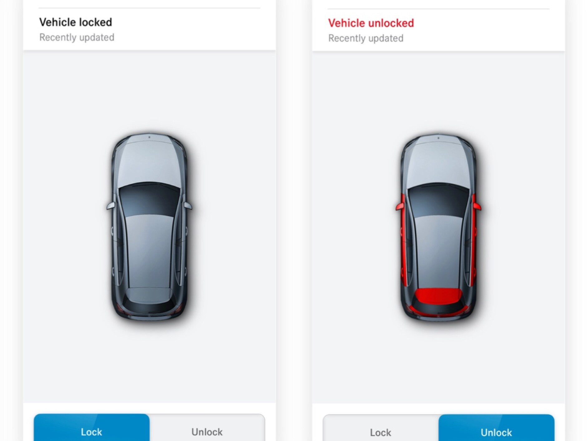 Auf einem Smartphone sind die verschiedenen Bildschirme zu sehen, die angezeigt werden, wenn das Digitale Extra Türfernschließung und -entriegelung feststellt, dass nicht alle Türen verriegelt sind.