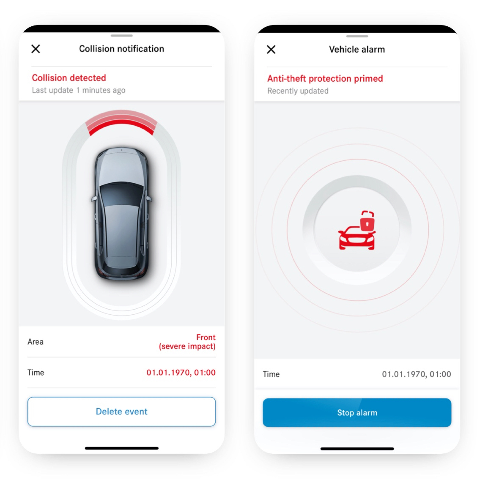 Diebstahl- und Parkschadenbenachrichtigung | Remote | Mercedes-Benz. Auf einem Smartphone wird mit dem Digitalen Extra Diebstahl- und Parkschadenbenachrichtigung angezeigt, dass eine Kollision stattgefunden hat.