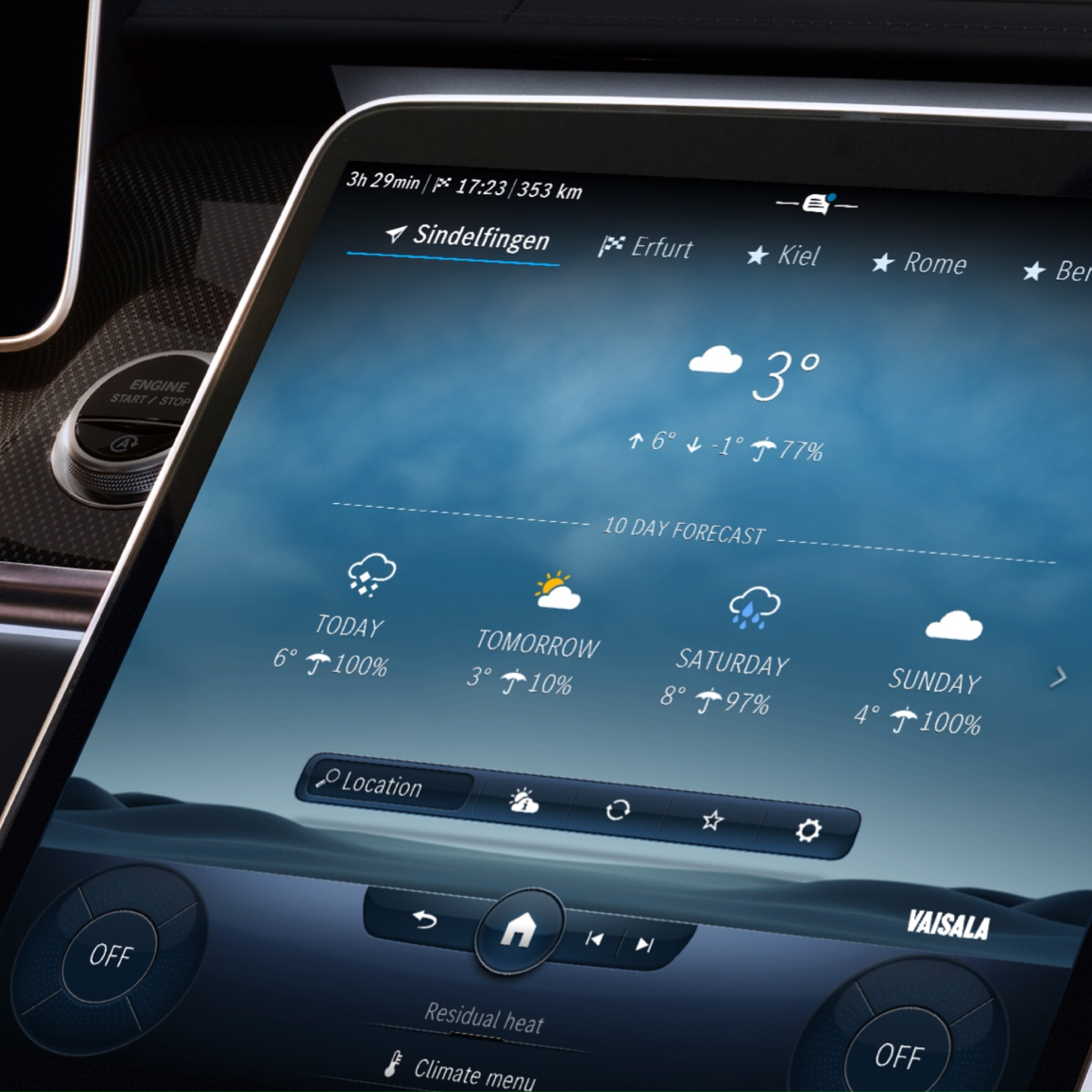 Wettervorhersage | Navigation | Mercedes-Benz, Das MBUX Multimediasystem zeigt dank des Digitalen Extras Wetterkarte das Wetter am Zielort an.