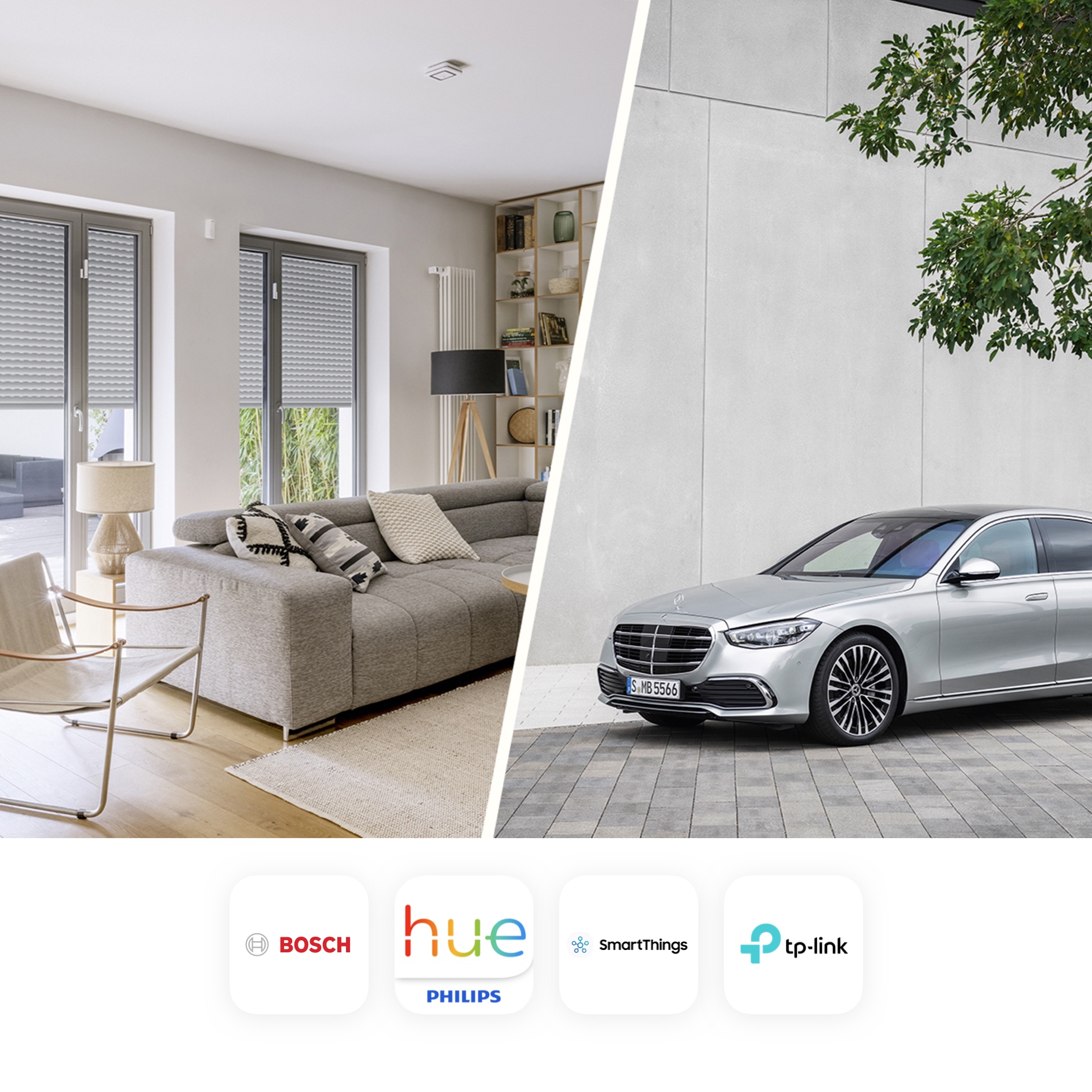 MBUX Sprachassistent | Mercedes-Benz Das Bild zeigt eine Collage, auf der eine eingerichtete Wohnung zu sehen ist, sowie ein Fahrzeug von Mercedes. Ebenso zu sehen sind die verschiedenen Smart Home Anbieter, welche mit Mercedes-Benz kooperieren.