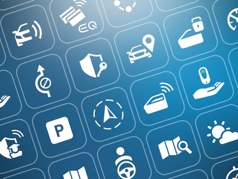 Es sind die Icons der verschiedenen Digitalen Extras von Mercedes-Benz zu sehen.
