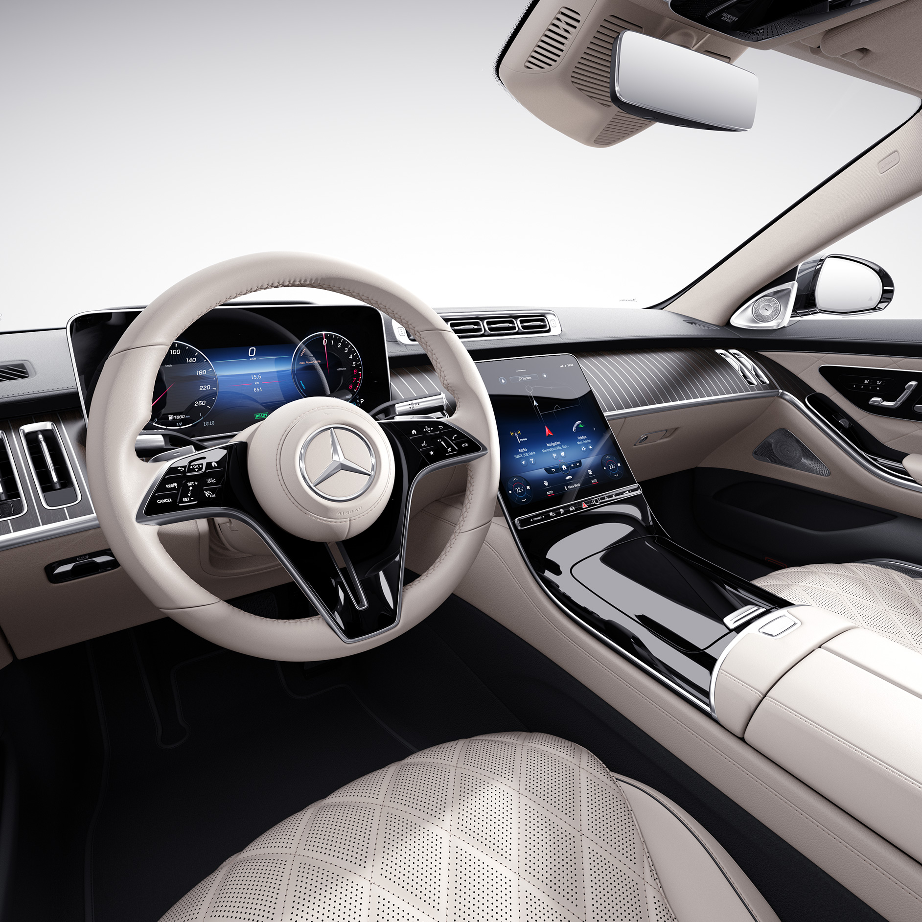Businesslösungen | Mercedes-Benz Aufnahme eines Fahrzeuginnenraums von Mercedes-Benz auf der Fahrerseite in heller Ausstattung.