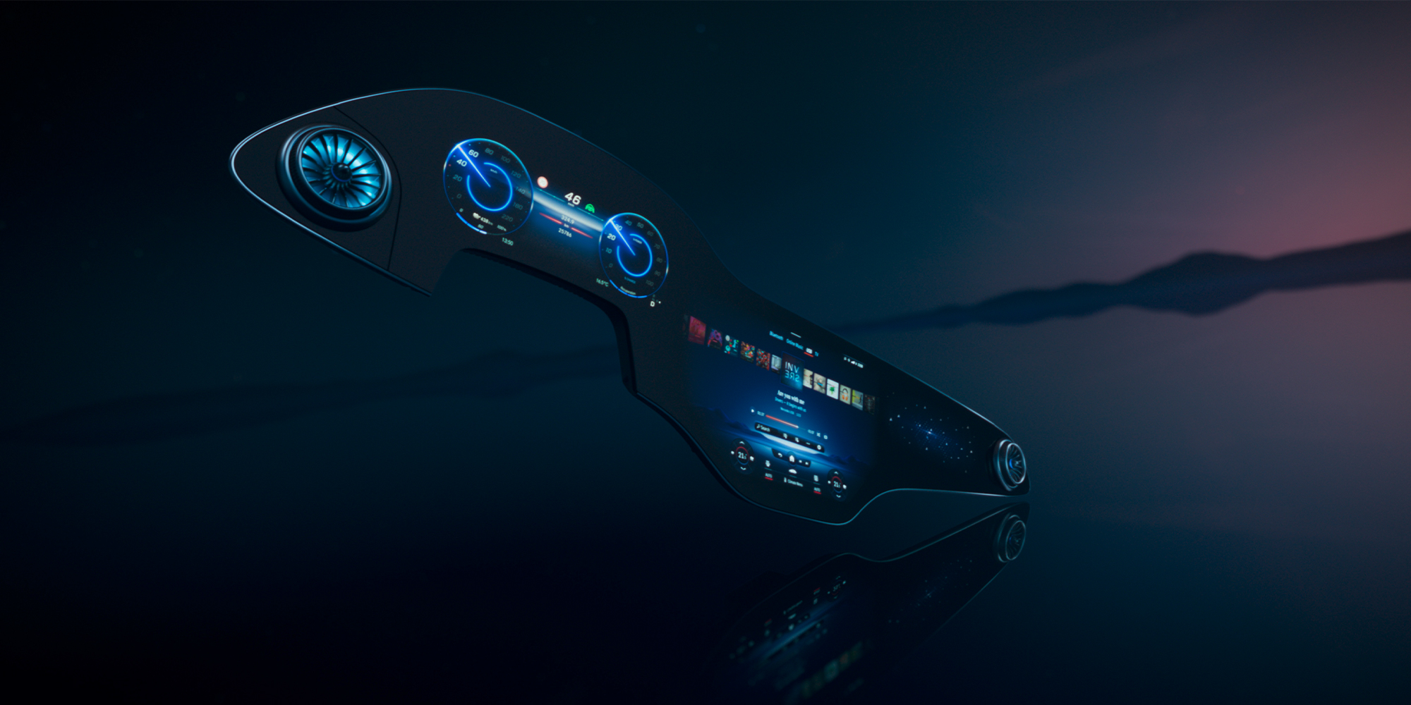 Unterhaltung | MBUX-Multimediasystem | Mercedes-Benz Das MBUX-Display schwebt frei in einem imaginären Raum.