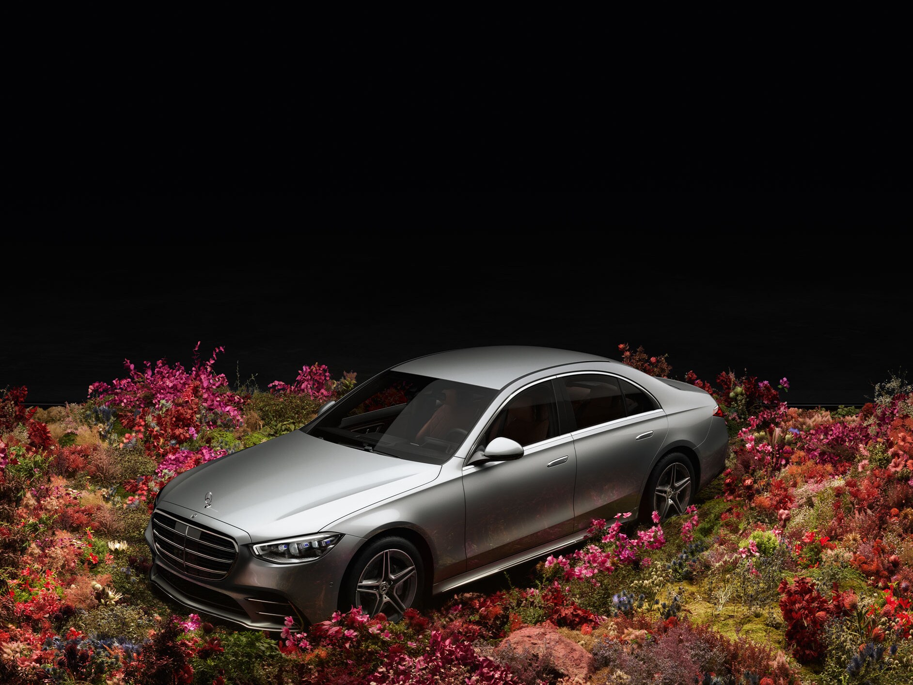 Ein silbernes Mercedes-Benz Modell vor schwarzem Hintergrund steht in einem Blumenfeld. 