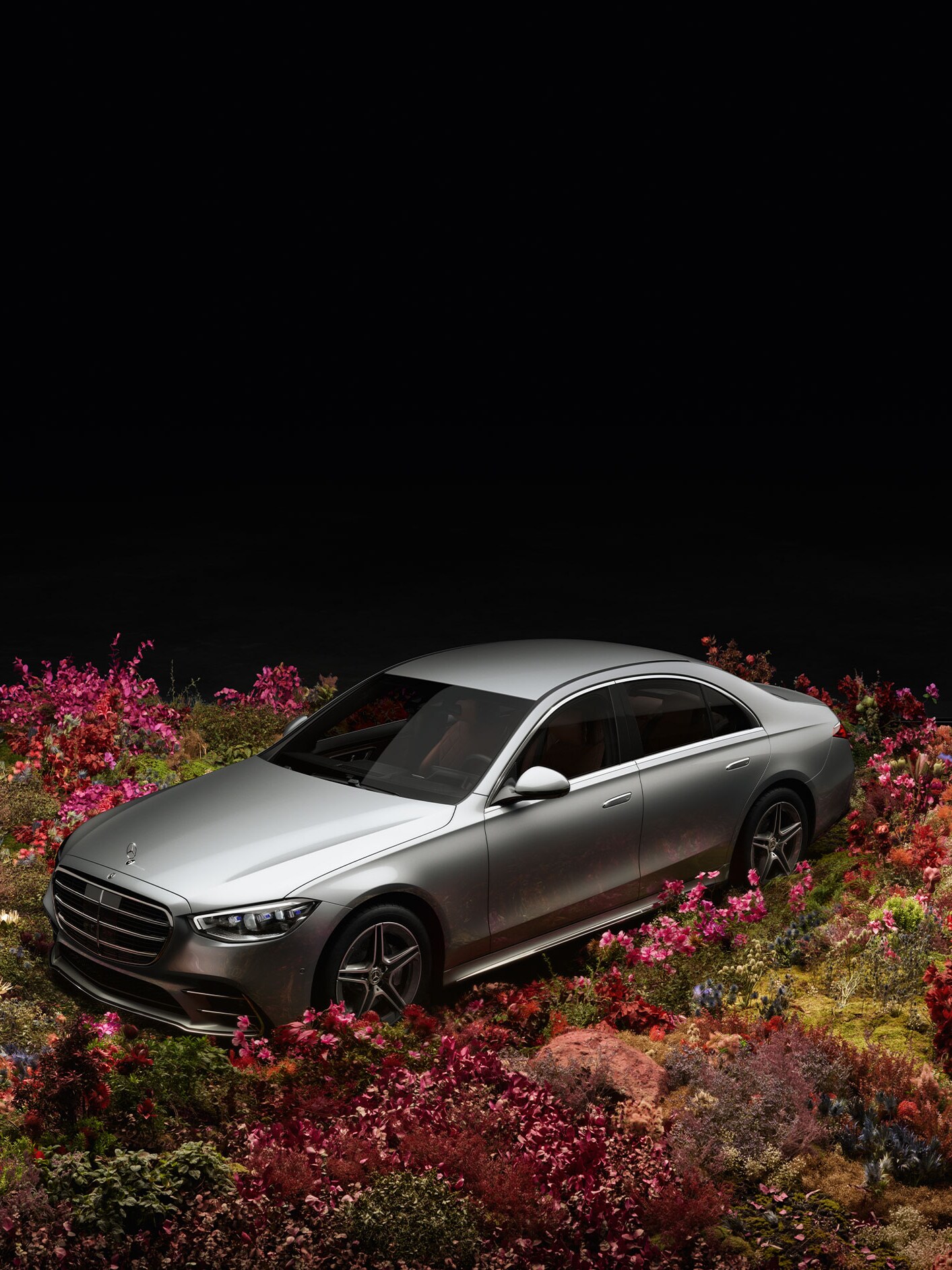 Ein silbernes Mercedes-Benz Modell vor schwarzem Hintergrund steht in einem Blumenfeld. 