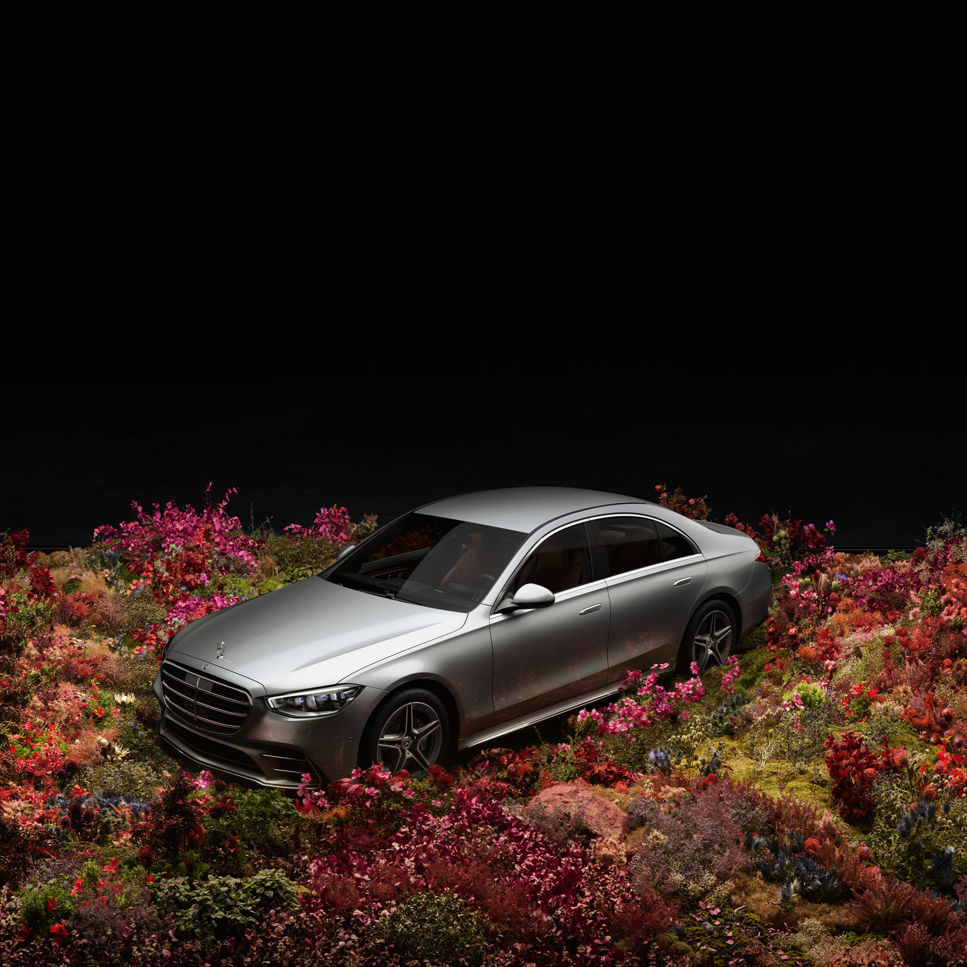 140 Places | Mercedes-Benz Ein silbernes Mercedes-Benz Modell vor schwarzem Hintergrund steht in einem Blumenfeld.