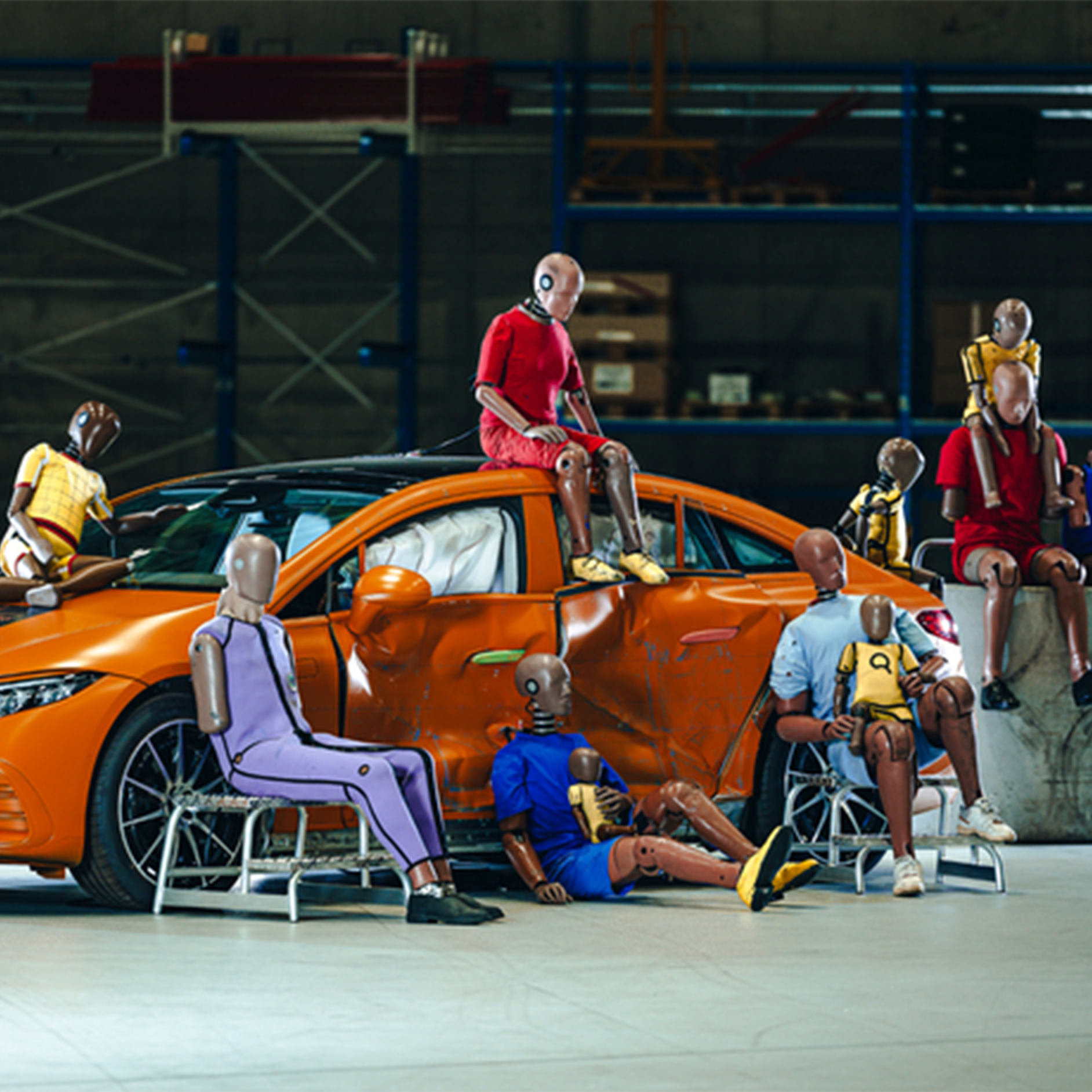 Crashtest-Dummys | Sichere Fahrt | Mercedes-Benz Mehrere Crashtest-Dummys sitzen auf und um ein orangenes Mercedes-Benz Auto mit zerbeulten Türen.