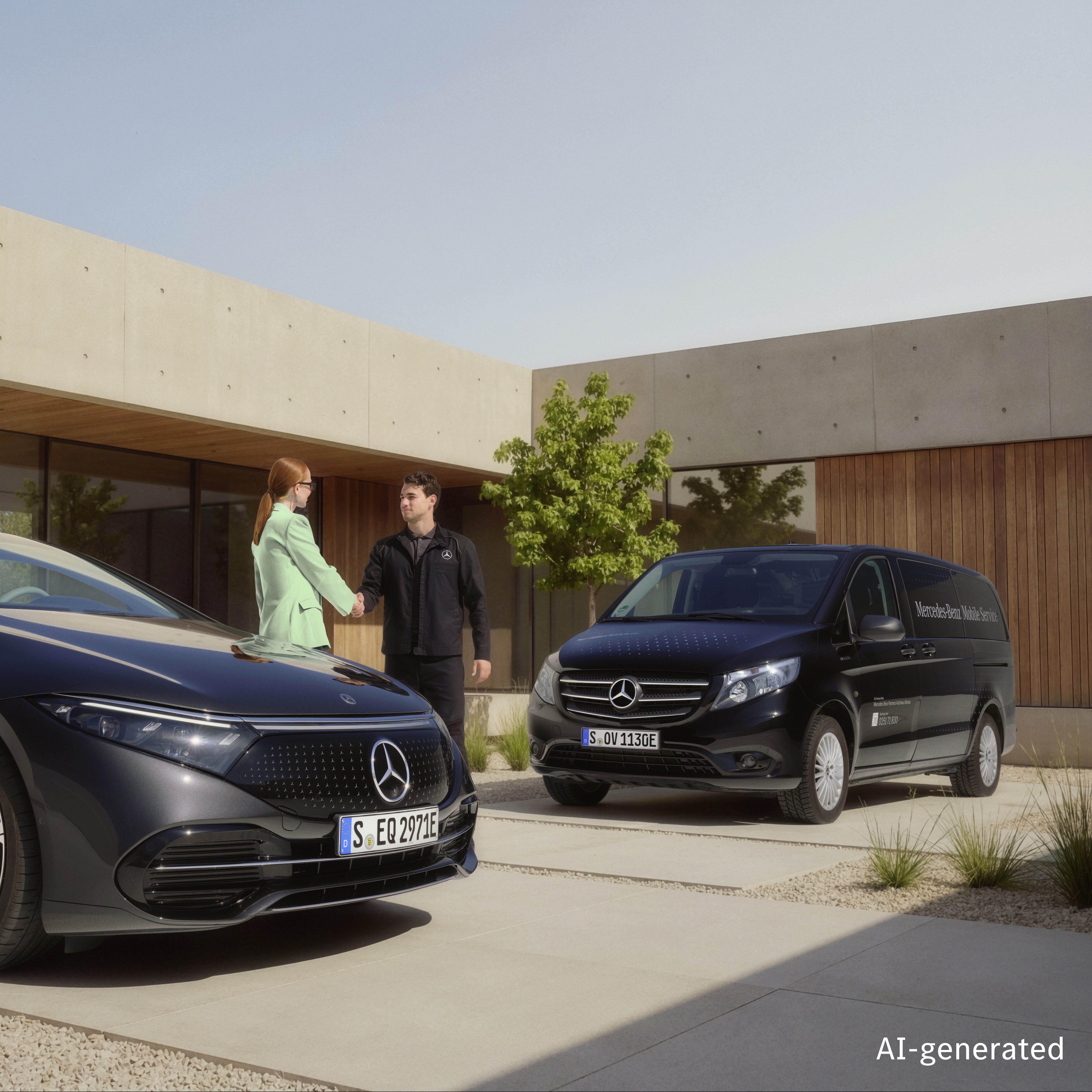 Ein Techniker von Mercedes-Benz Mobile Service begrüßt einen Kunden. Ein mobiles Servicefahrzeug parkt vor dem Haus.