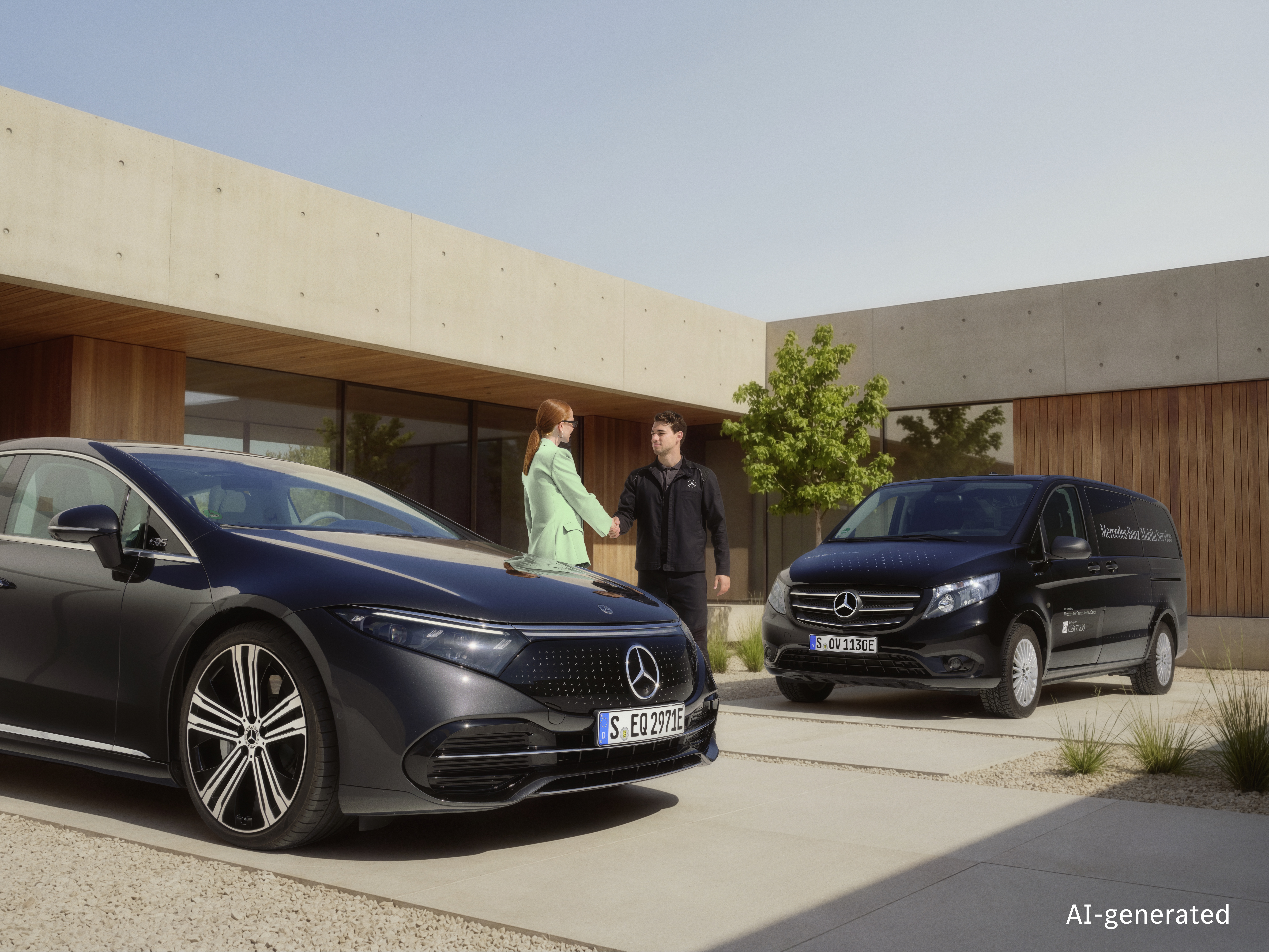 Mercedes-Benz Mobile Service zu Hause Ein Techniker von Mercedes-Benz Mobile Service begrüßt einen Kunden. Ein mobiles Servicefahrzeug parkt vor dem Haus.