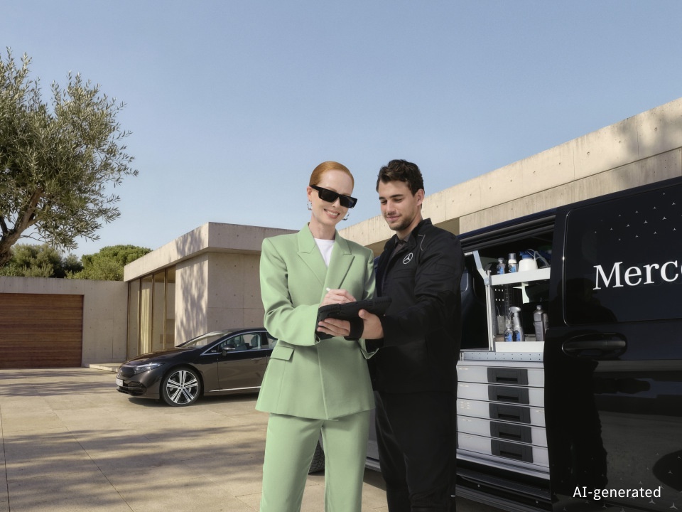 Mercedes-Benz Mobile Service Motorcheck Ein Techniker von Mercedes-Benz Mobile Service prüft mit einem Kunden digitale Dokumente neben einem voll ausgestatteten mobilen Servicefahrzeug, während im Hintergrund ein Mercedes-Benz Fahrzeug vor einem modernen Haus geparkt ist.