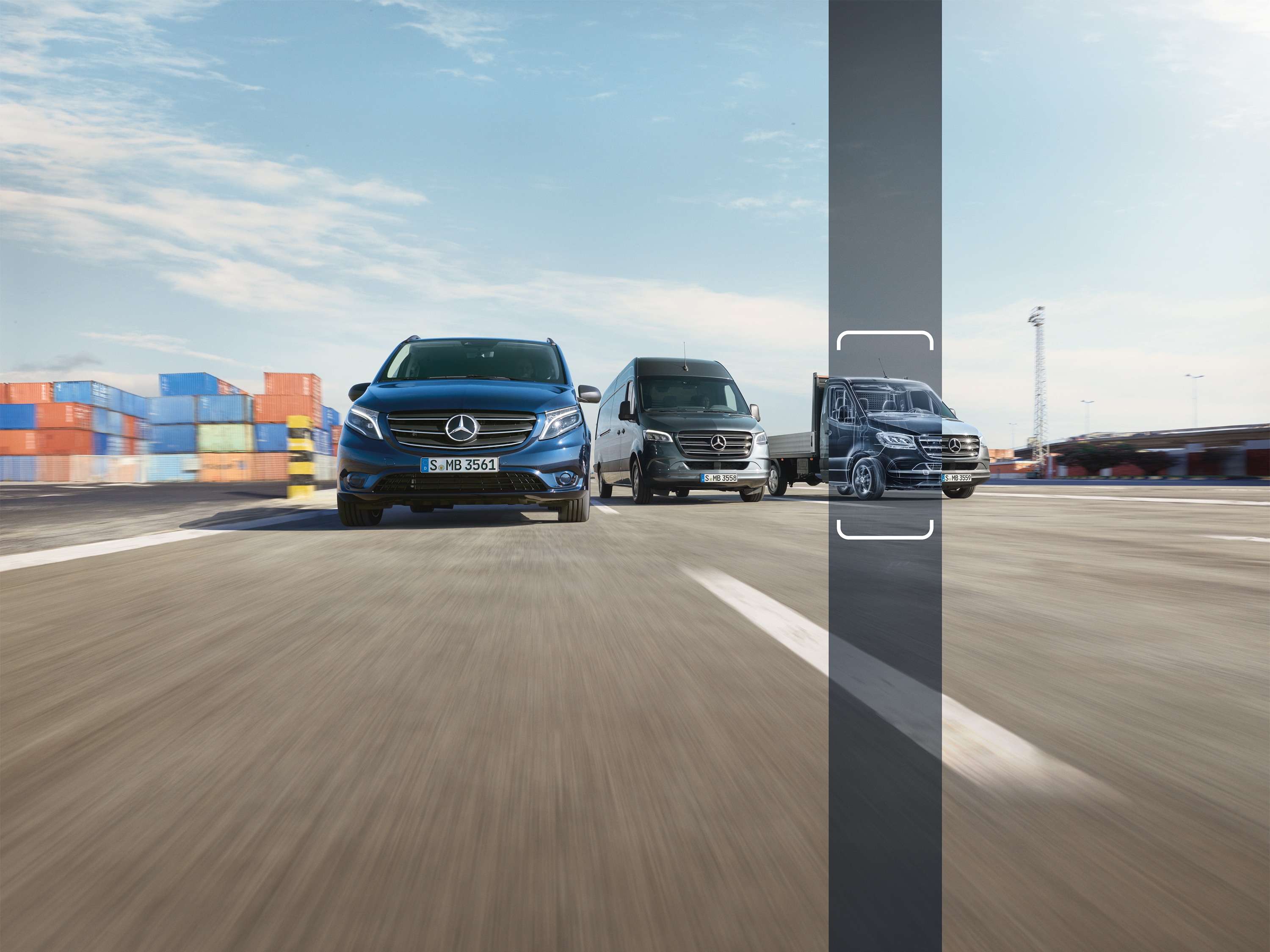 IAA | Mercedes-Benz Transporter. Drei verschiedene Aufbaumodelle auf einem Parkplatz an einem Hafen vor Gegenlicht.