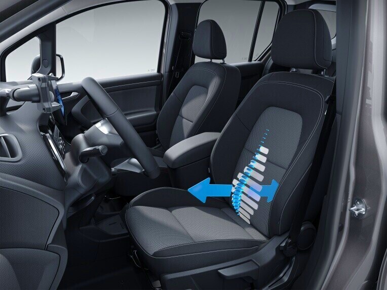 Der höhenverstellbare Fahrersitz mit Lordosenstütze im Mercedes-Benz Citan Kastenwagen.