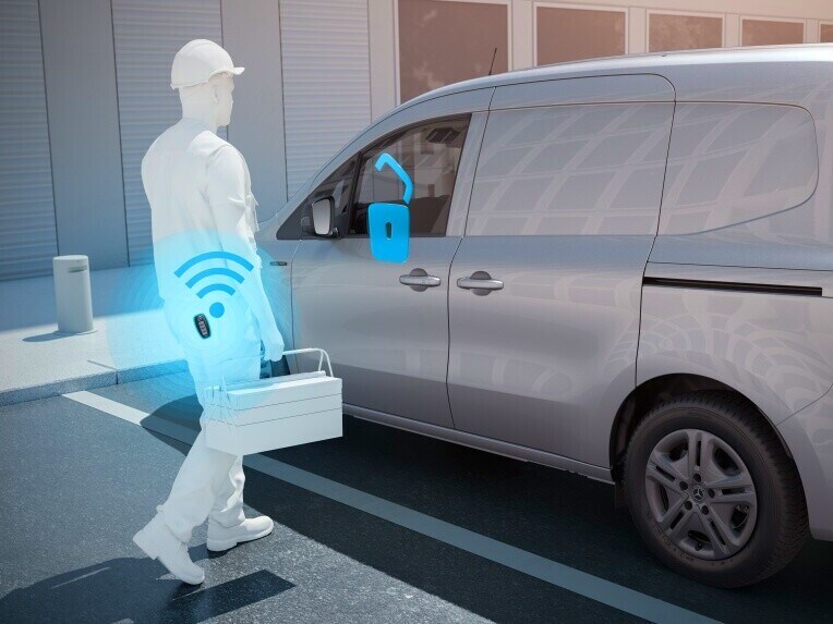 Schlüssellose Entriegelung mit KEYLESS-GO bei einem Mercedes-Benz Transporter.